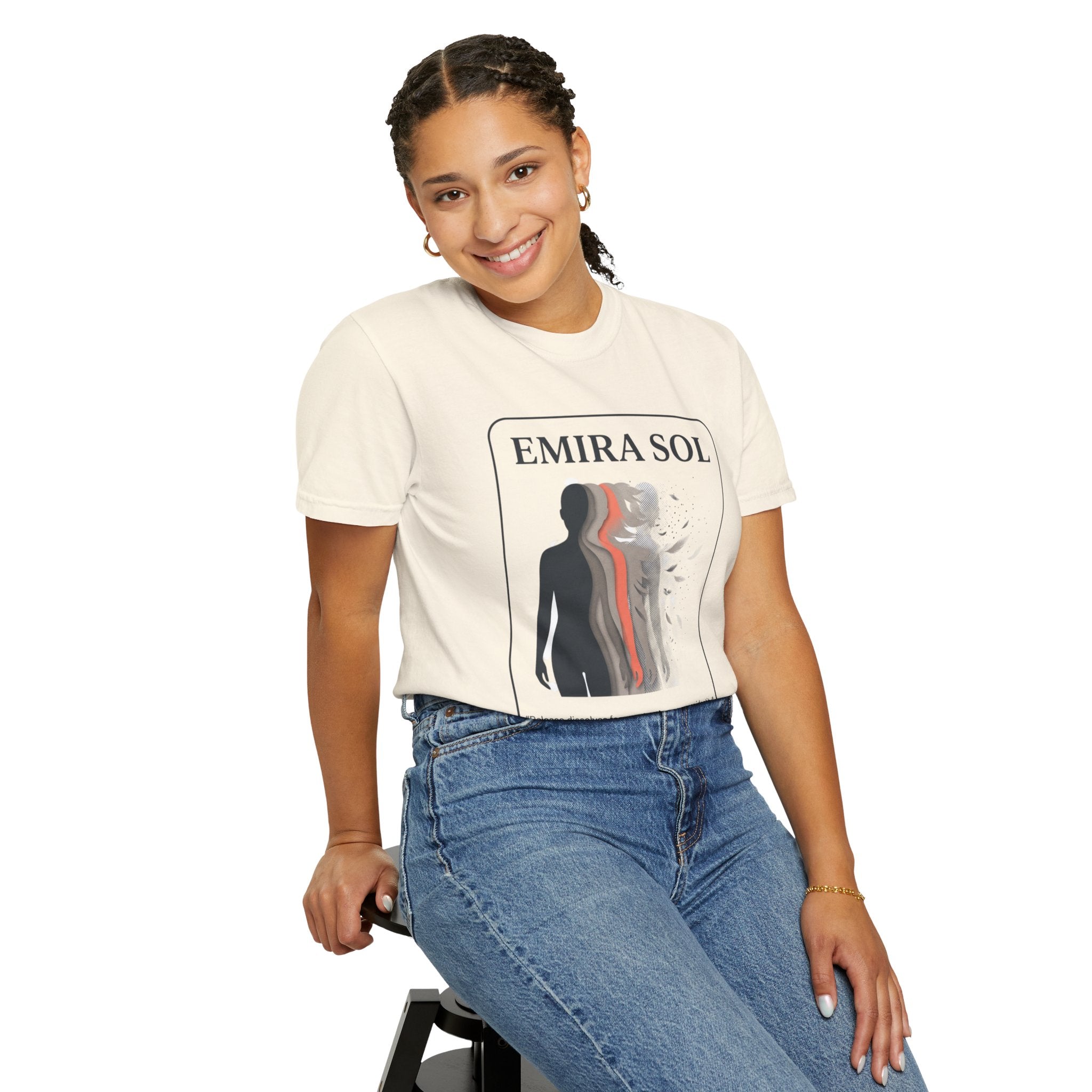 Power Runs Black PRB Emira Sol Graphic T-Shirt — Silhouette Art "Release Shadows" Tee by Printify