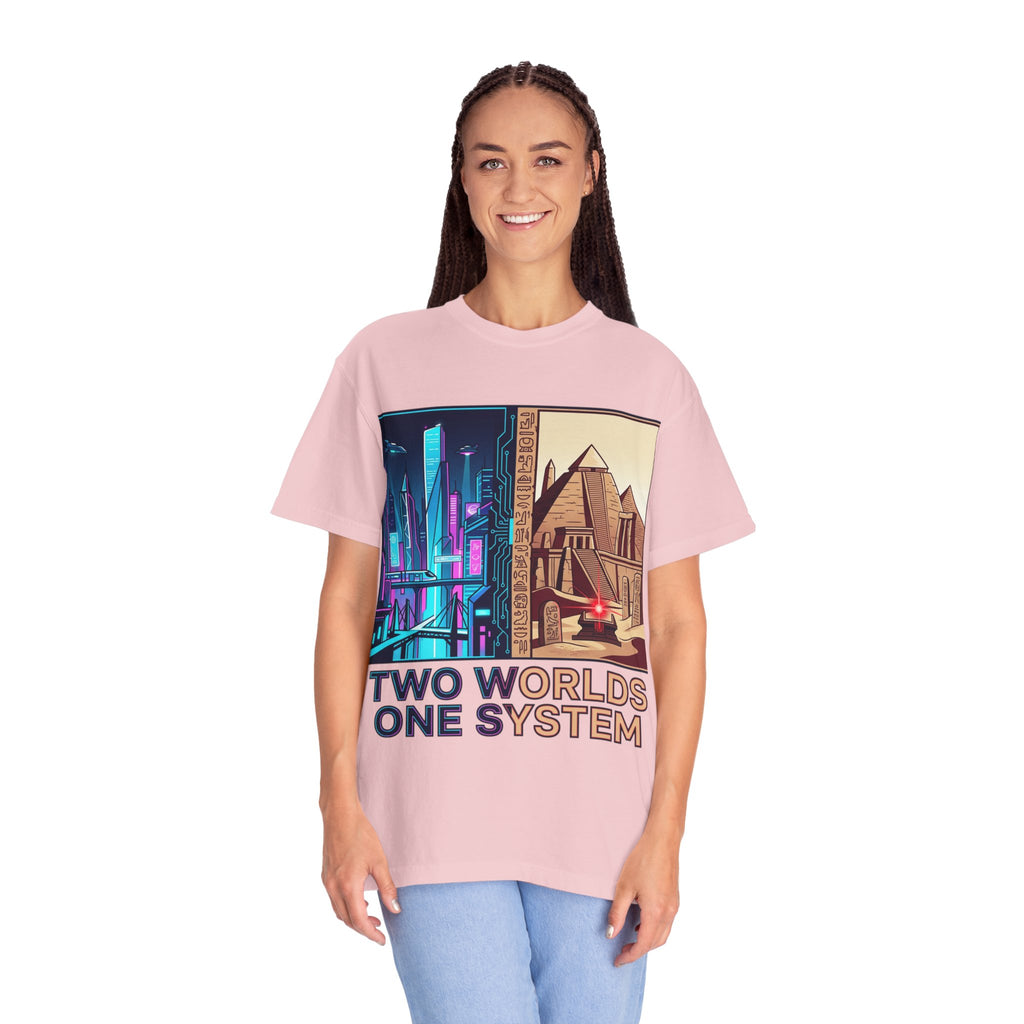 Power Runs Black PRB Blue Technopolis/ Red Dominion Two Worlds One System T-Shirt by Power Runs Black
