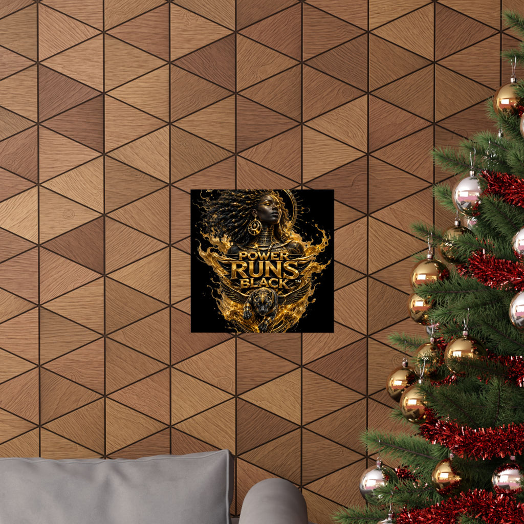 Power Runs Black Matte Poster — Afrocentric Gold Goddess Wall Art by Power Runs Black