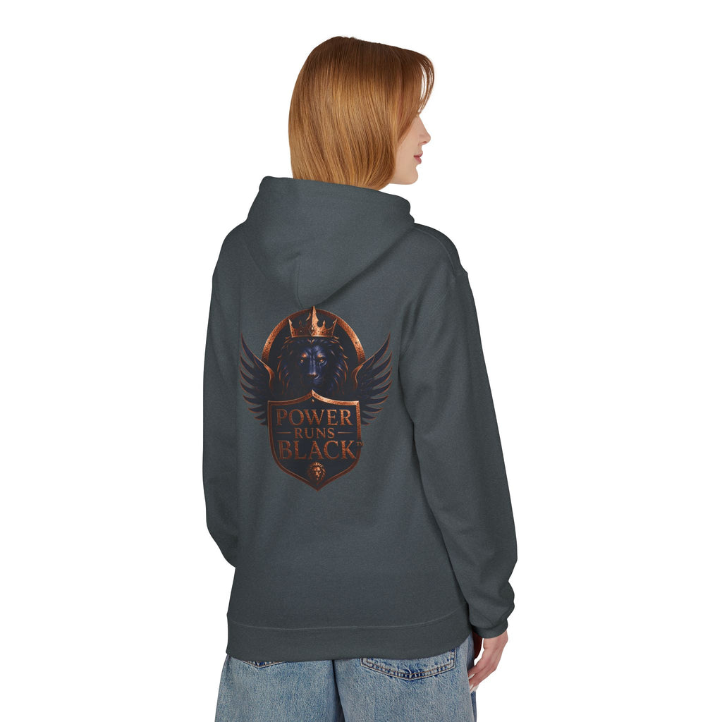 Power Runs Black crest hoodie | medieval shield with lions and wings by Power Runs Black