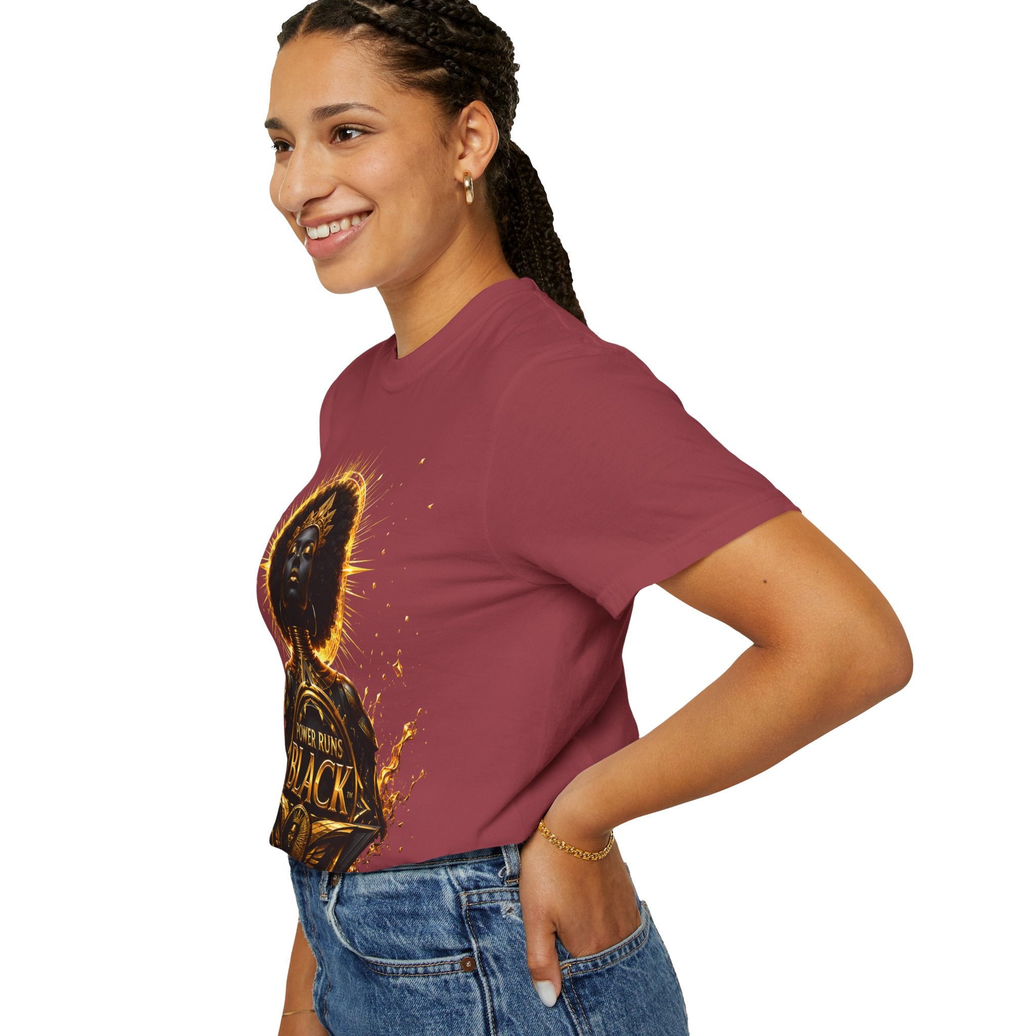Power Runs Black goddess illustration T-Shirt | Afrocentric black pride design by Power Runs Black