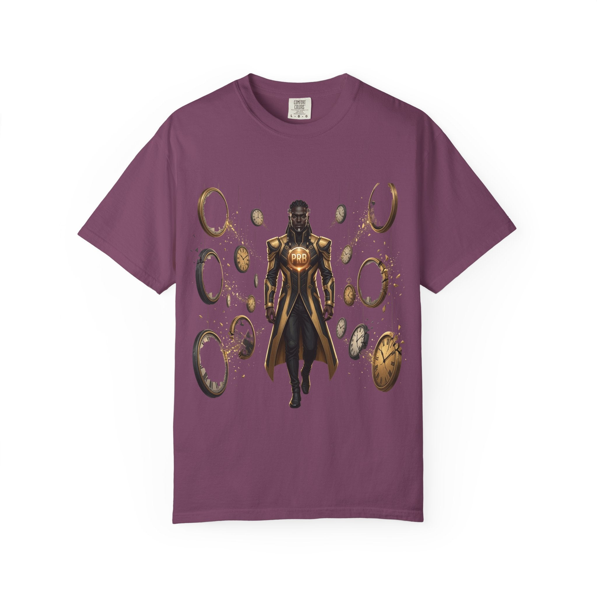 Printify PRB Time Mage Character Art T-Shirt | Floating Clocks, Fantasy Magic - T-Shirt