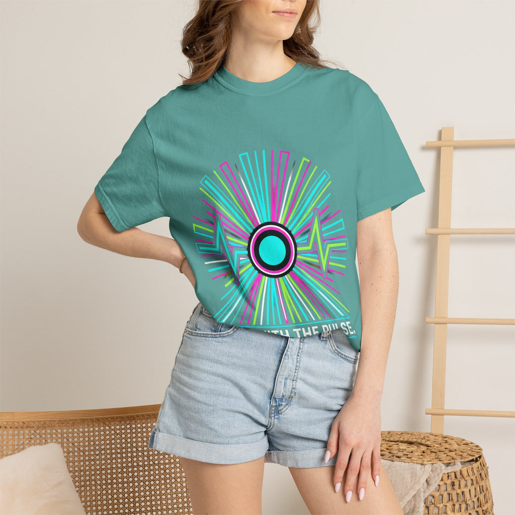 Power Runs Black PRB Electric "Move With Pulse" Graphic T-Shirt — Neon Sunburst Design by Printify