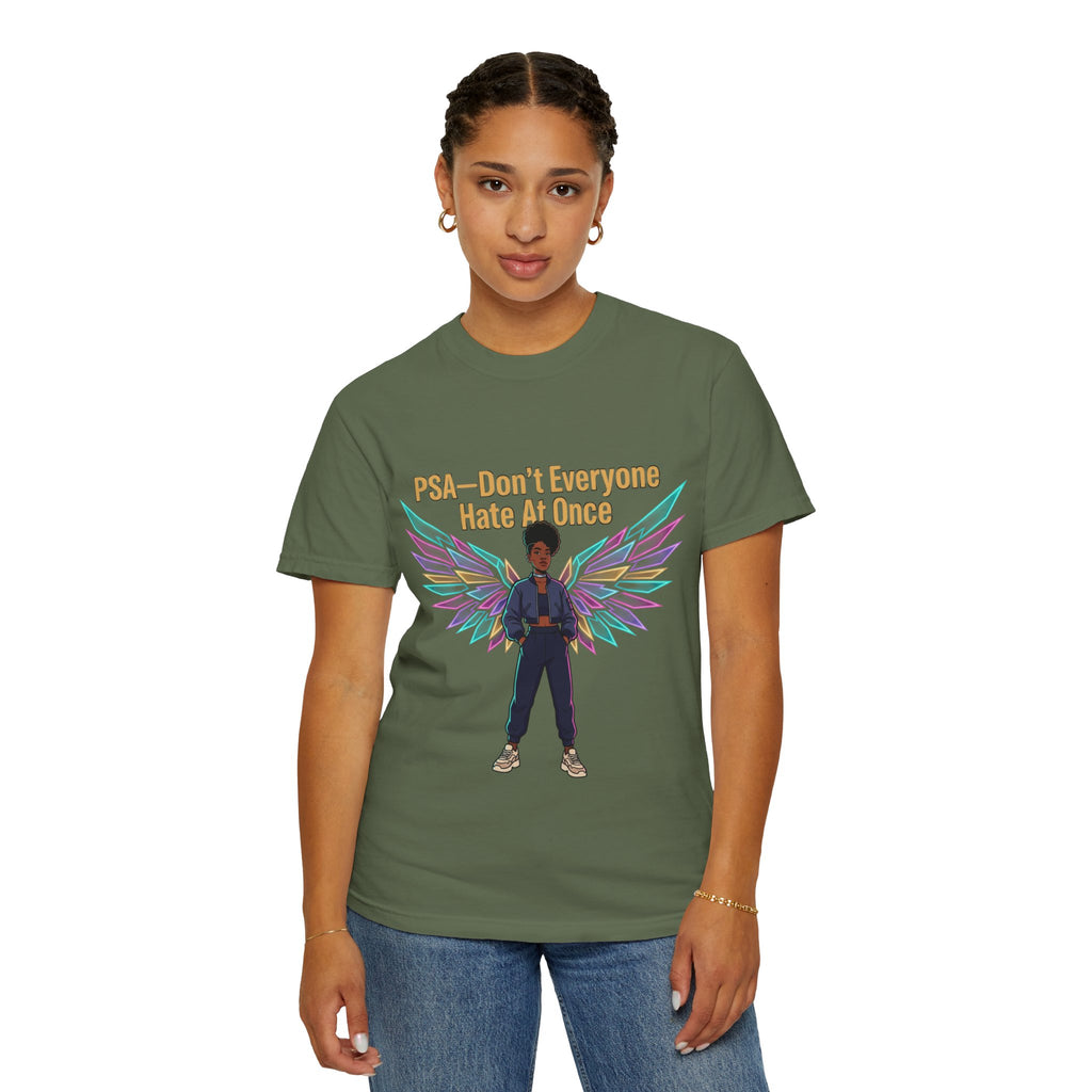 T-Shirt — PSA “Don't Everyone Hate At Once” Angel Wings Graphic Tee by Printify