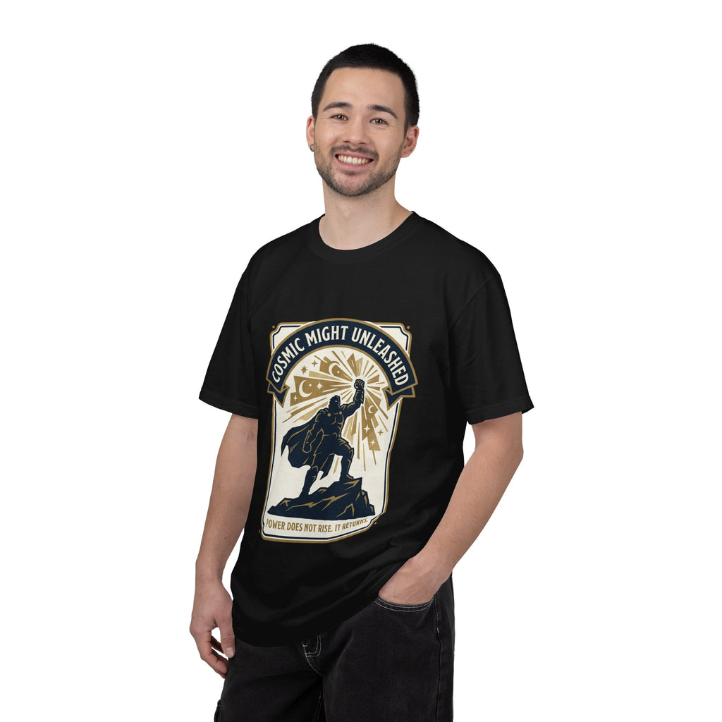 PRB Starforged Flex Cosmic Might Unleashed T-Shirt — Retro Superhero Space Graphic ('Power Does Not Rise, It Returns') by Power Runs Black