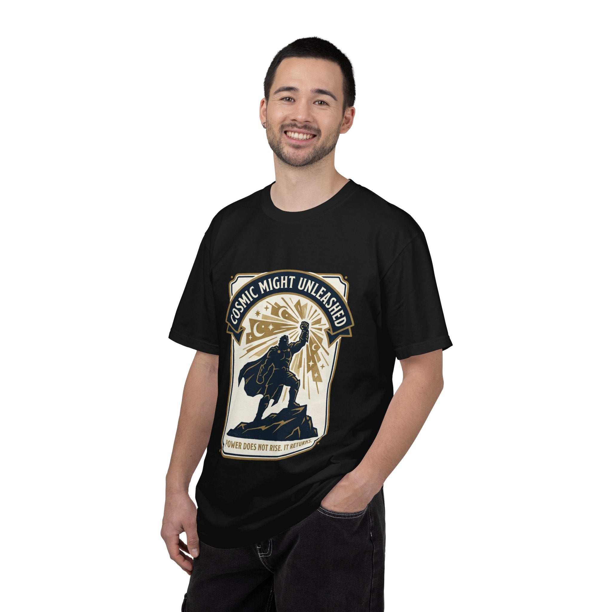 PRB Starforged Flex Cosmic Might Unleashed T-Shirt — Retro Superhero Space Graphic ('Power Does Not Rise, It Returns') by Power Runs Black