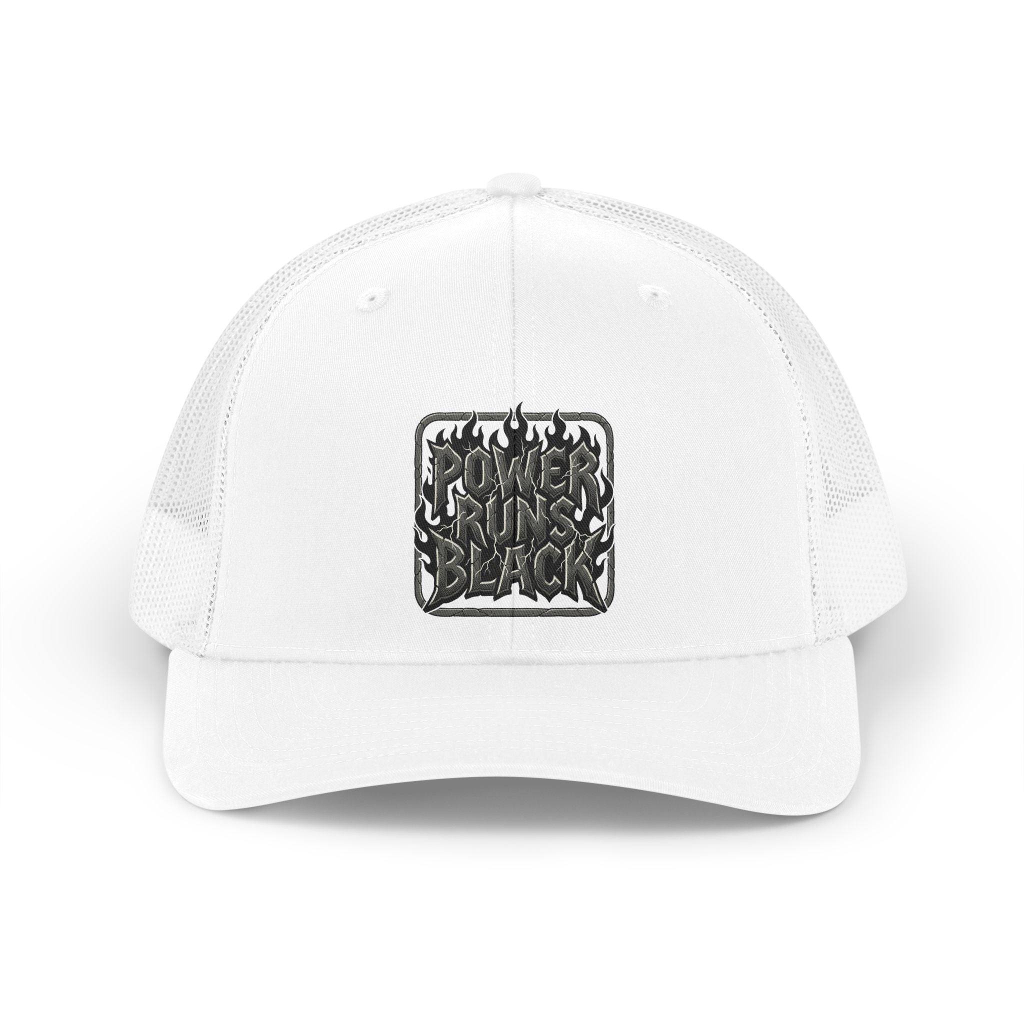 Power Runs Black Retro Flame Patch Trucker Hat | Snapback Mesh Cap by Printify