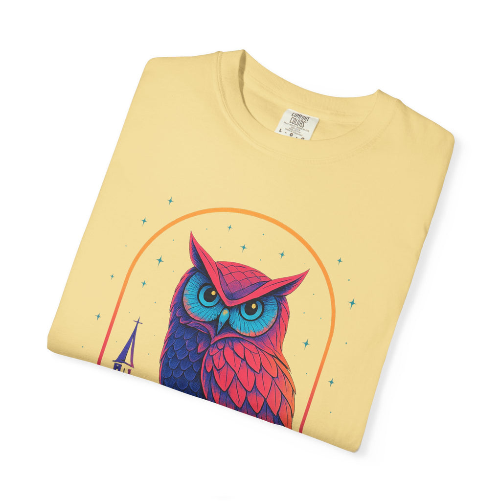 Power Runs Black PRB Neon Owl Illustration T-Shirt | Night Church Graphic Tee by Power Runs Black