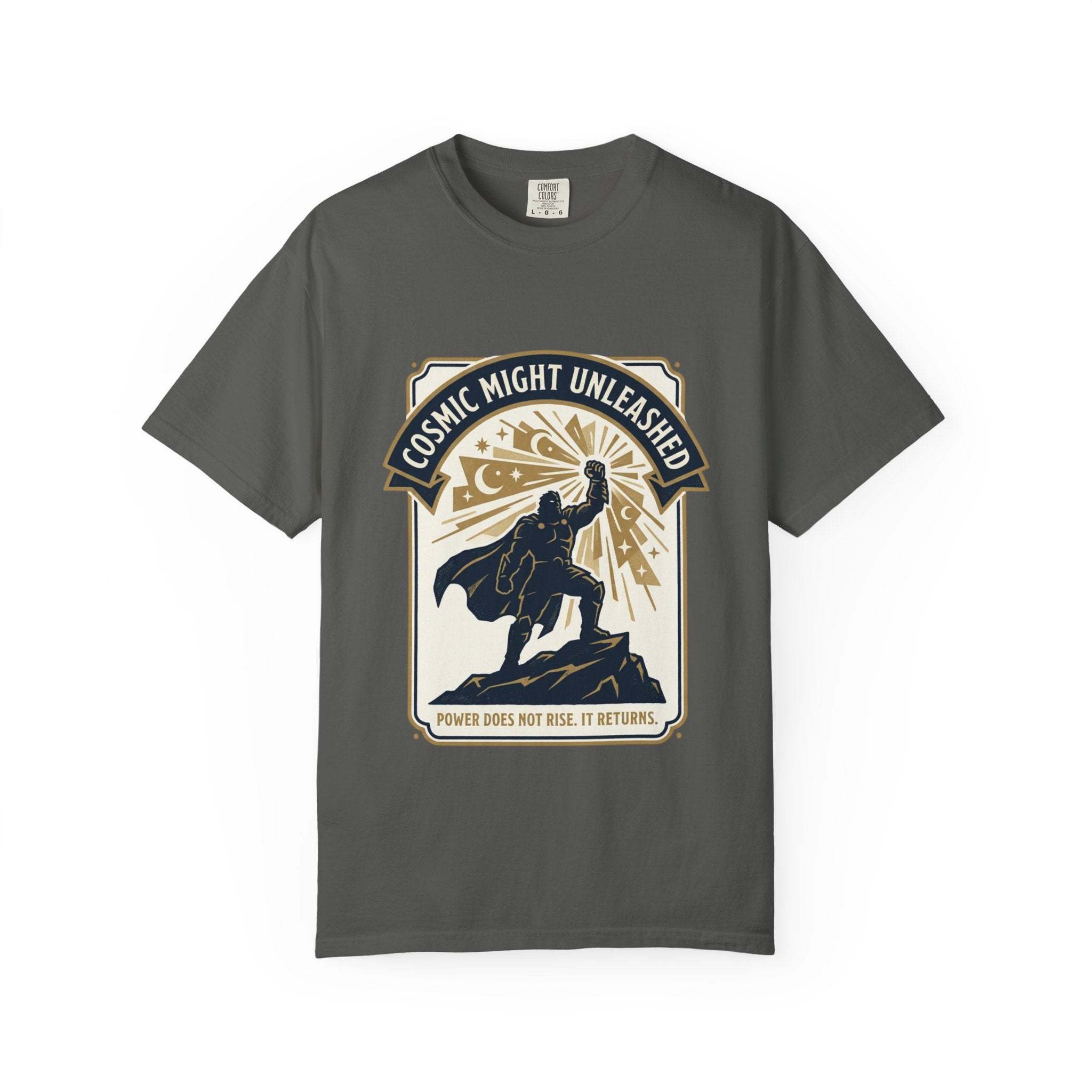 PRB Starforged Flex Cosmic Might Unleashed T-Shirt — Retro Superhero Space Graphic ('Power Does Not Rise, It Returns') by Power Runs Black