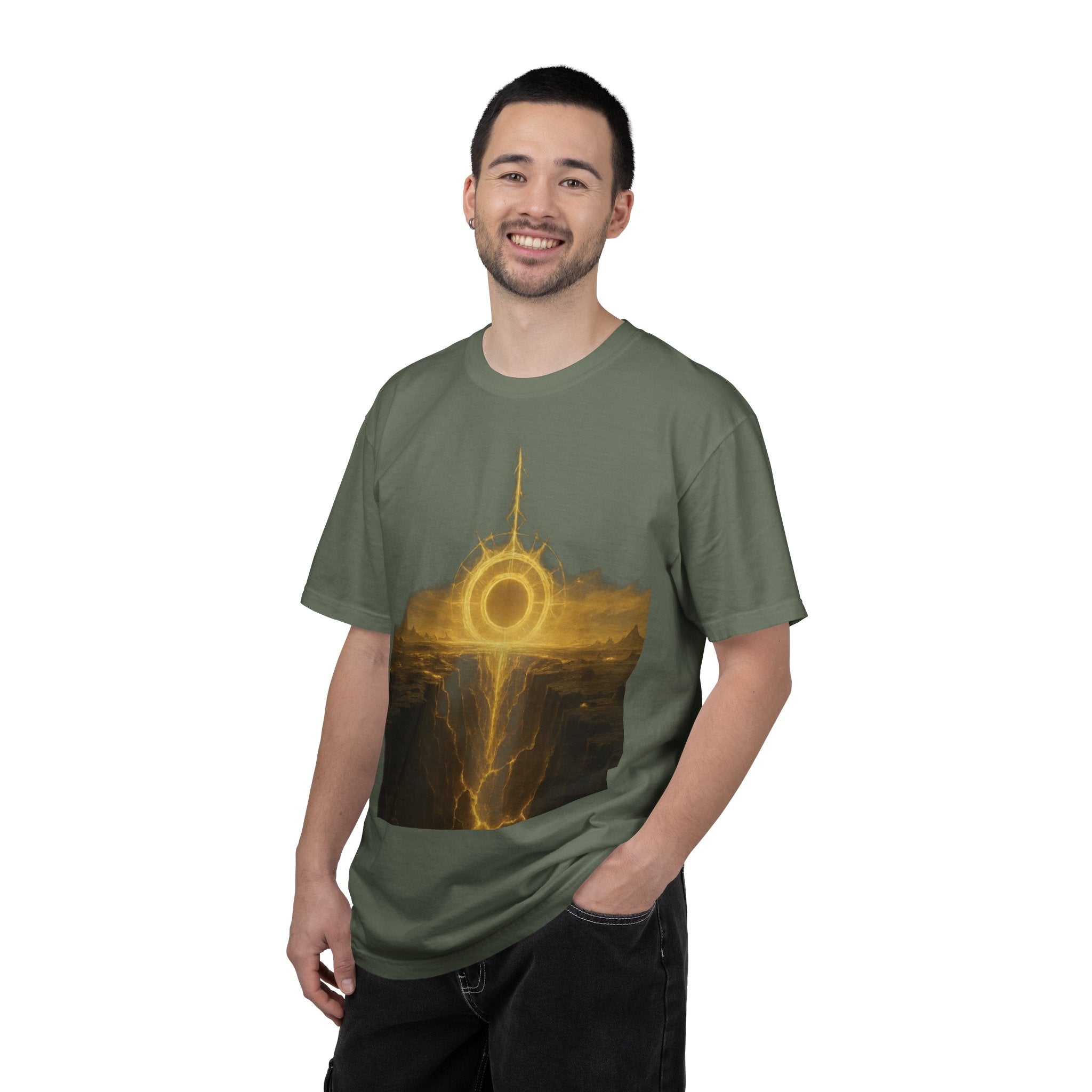 Power Runs Black PRB Golden Eclipse Portal T-shirt | Fantasy Landscape, Mystic Ring, Tower Art by Power Runs Black