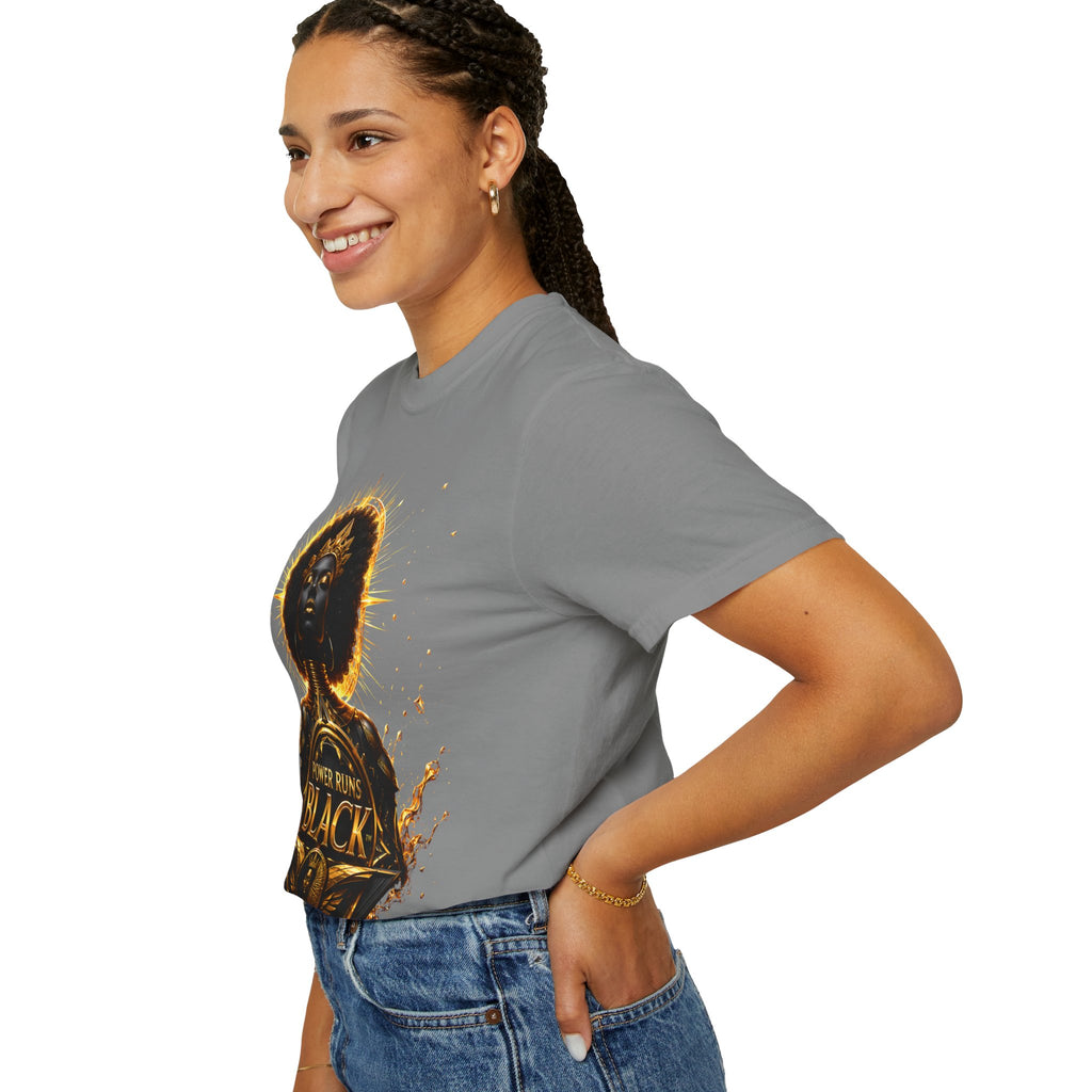 Power Runs Black goddess illustration T-Shirt | Afrocentric black pride design by Power Runs Black