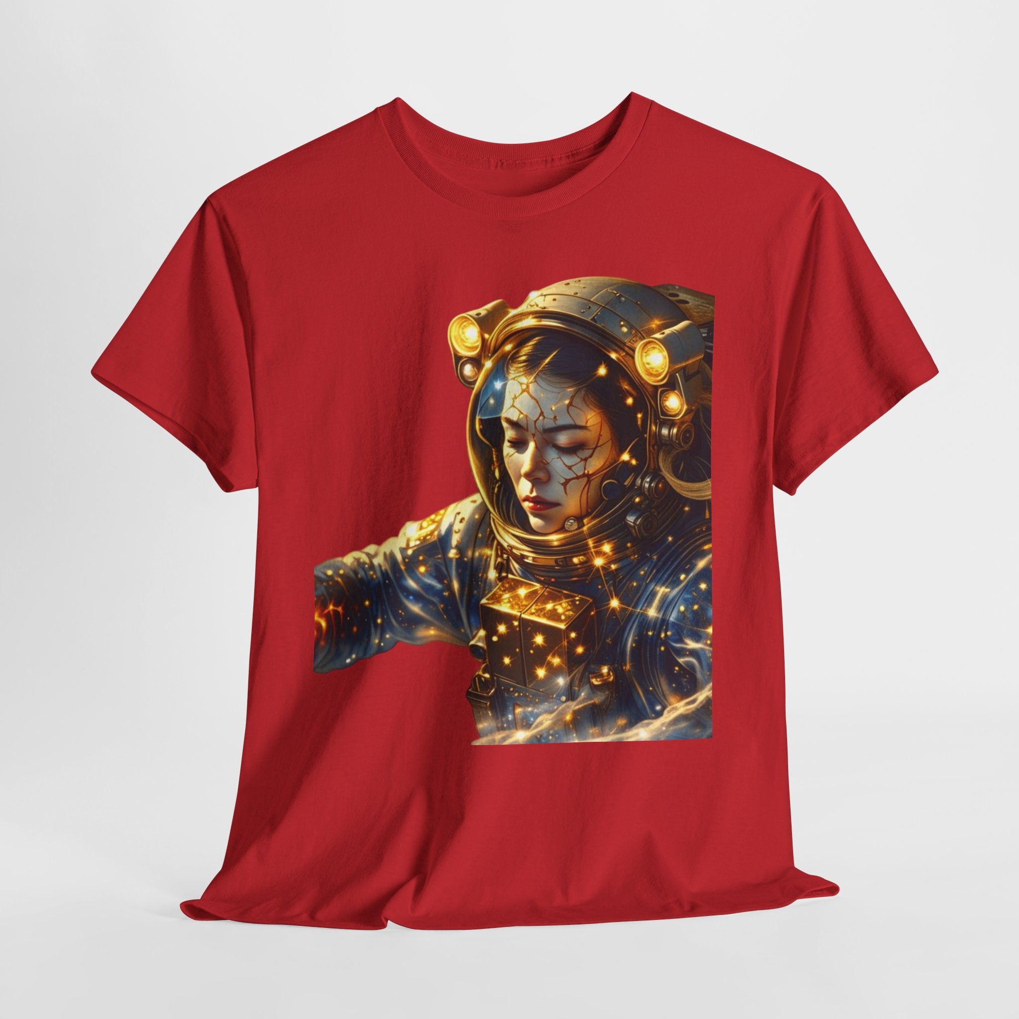 Power Runs Black PRB Golden Astronaut Portrait T-Shirt | Space Helmet Art, Cosmic Lights by Printify