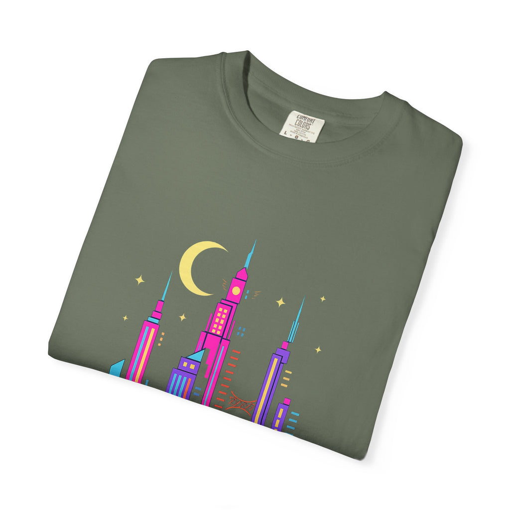 PRB Neon City Skyline T-shirt | Vibrant Urban Nightscape Tee by Power Runs Black