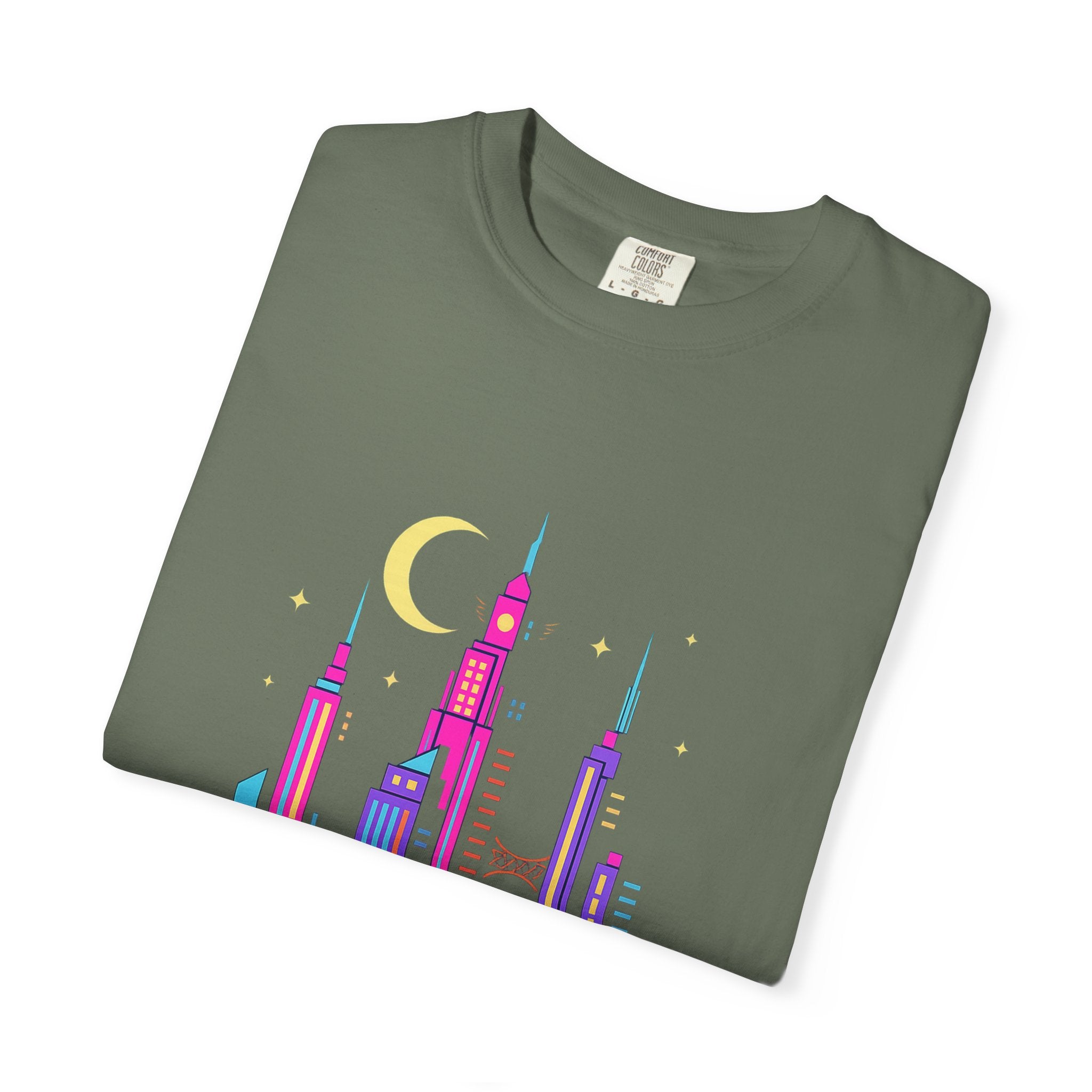 PRB Neon City Skyline T-shirt | Vibrant Urban Nightscape Tee by Power Runs Black
