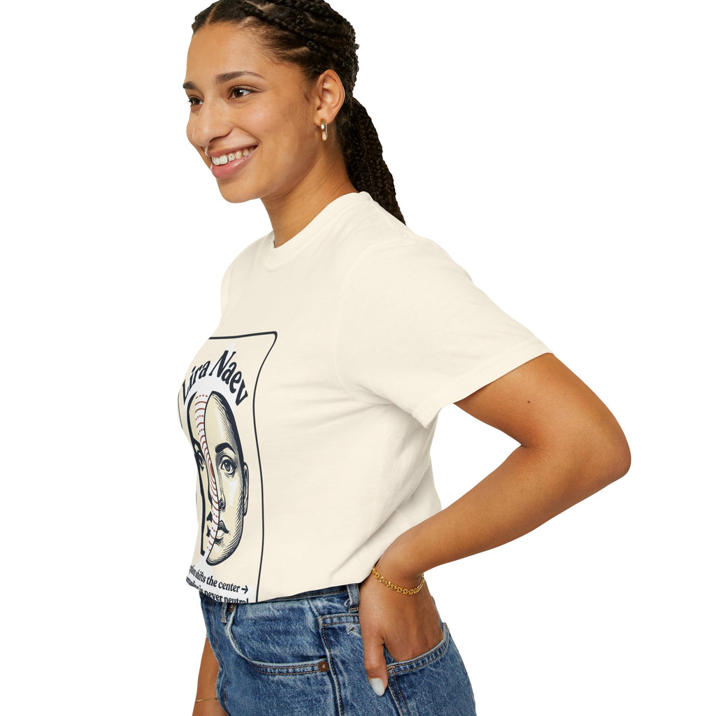 Power Runs Black PRB Lira Naev Split-Face Graphic T-Shirt — “Perception shifts the center” Statement Tee by Printify