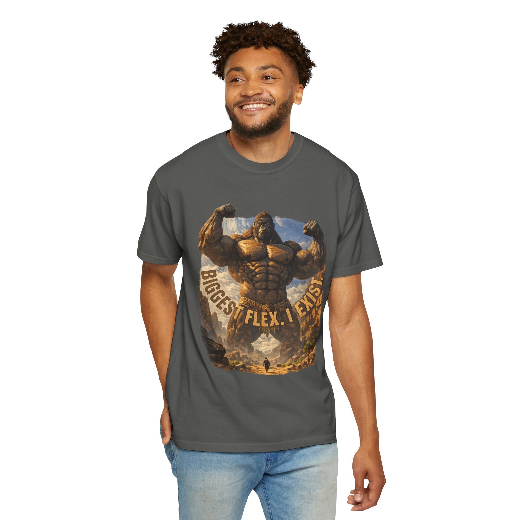 Power Runs Black PRB Biggest Flex I Exist T-Shirt — Funny Muscle Gorilla Graphic Tee by Printify