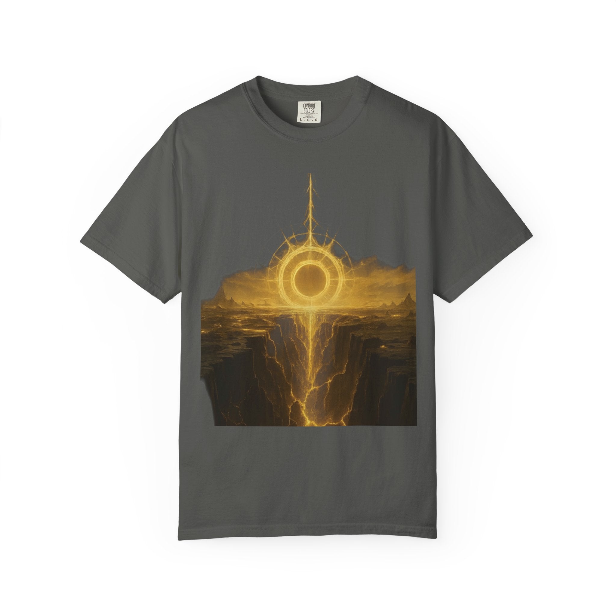 Power Runs Black PRB Golden Eclipse Portal T-shirt | Fantasy Landscape, Mystic Ring, Tower Art by Power Runs Black