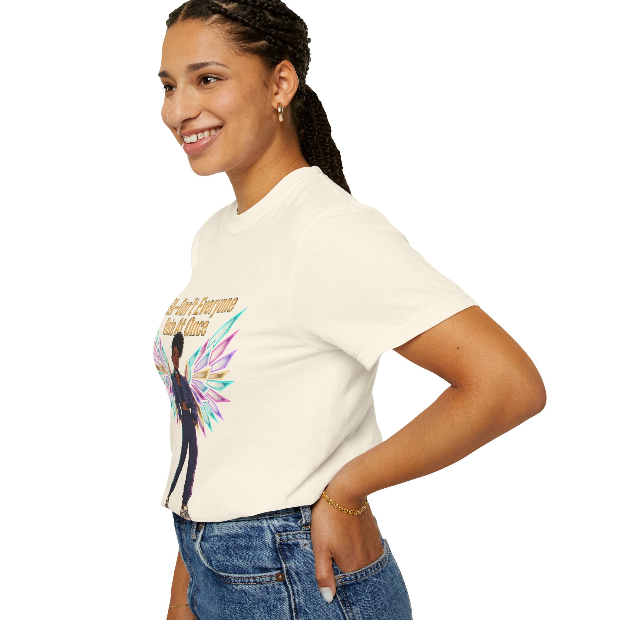 T-Shirt — PSA “Don't Everyone Hate At Once” Angel Wings Graphic Tee by Printify