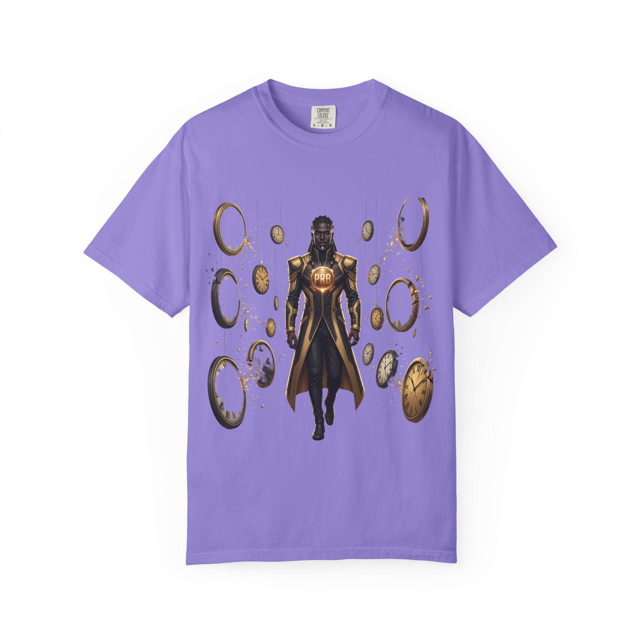Printify PRB Time Mage Character Art T-Shirt | Floating Clocks, Fantasy Magic - T-Shirt