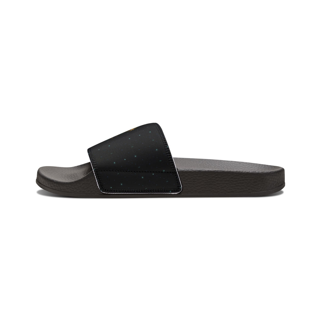 Power Runs Black Slide Sandals - Black Mythical Crest Logo Slides for Men by Power Runs Black