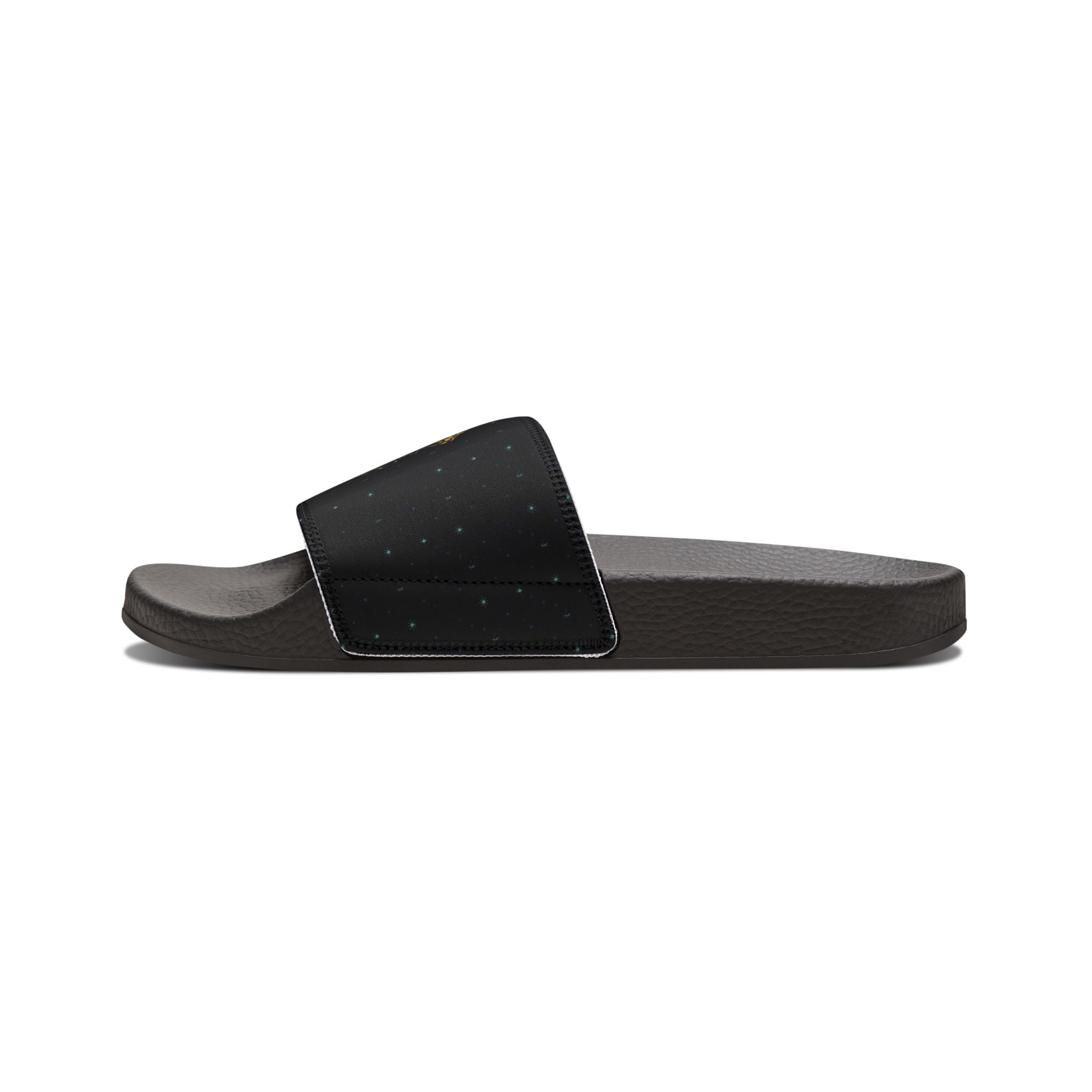 Power Runs Black Slide Sandals - Black Mythical Crest Logo Slides for Men by Power Runs Black