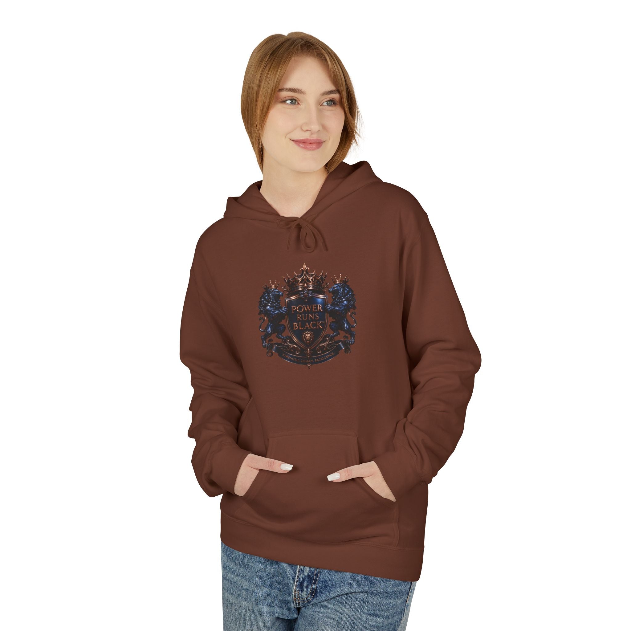 Power Runs Black crest hoodie | medieval shield with lions and wings by Power Runs Black
