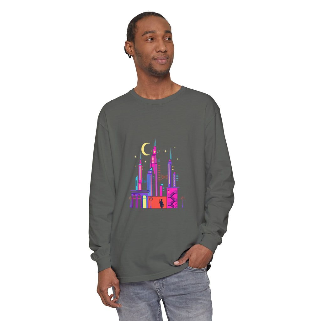 PRB Neon City Skyline Long Sleeve Shirt | Urban Nightscape Illustration by Power Runs Black