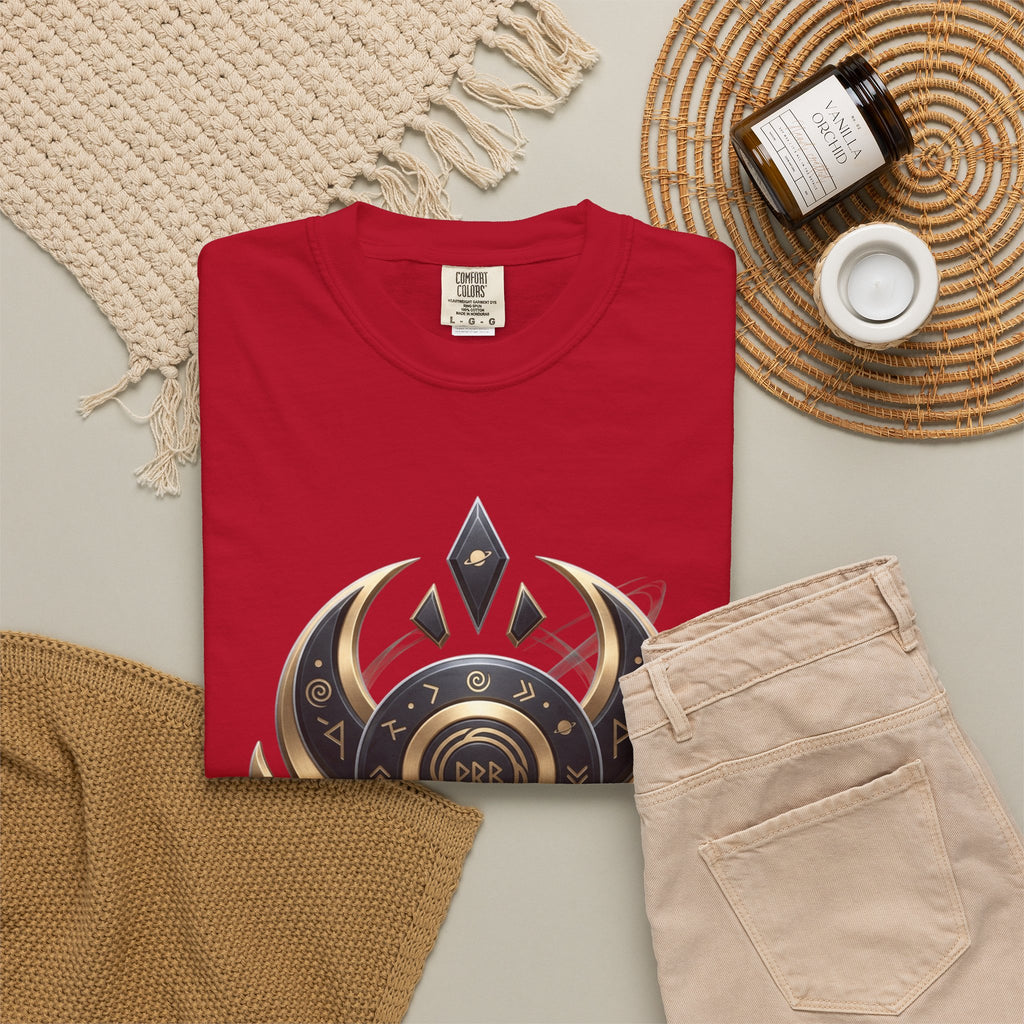 Power Runs Black Mystic Compass Disc T-Shirt — Geometric Gold & Black Emblem Tee by Printify