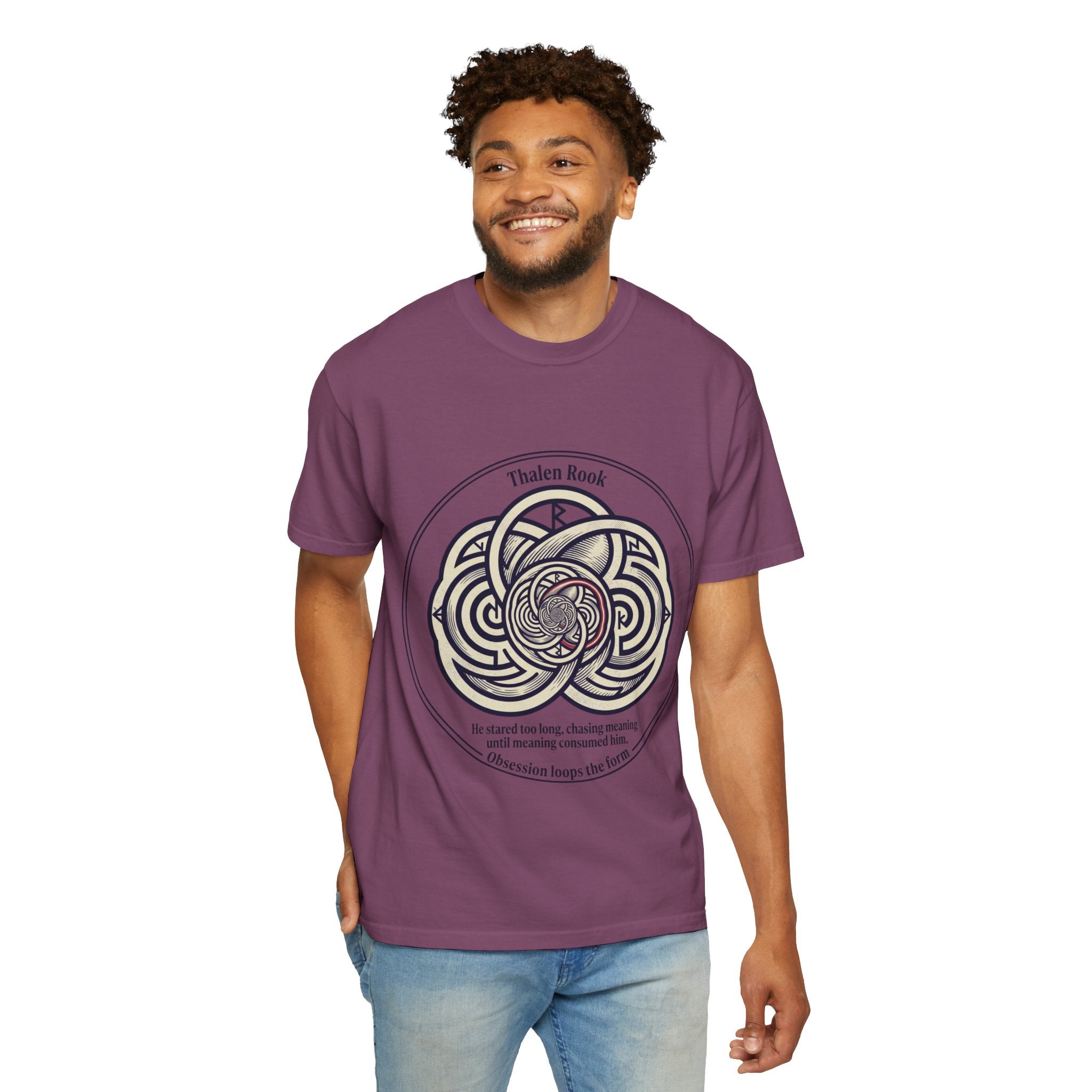 Power Runs Black PRB Thalen Rook Celtic Knot Graphic T-Shirt — "He stared too long..." Quote Tee by Printify