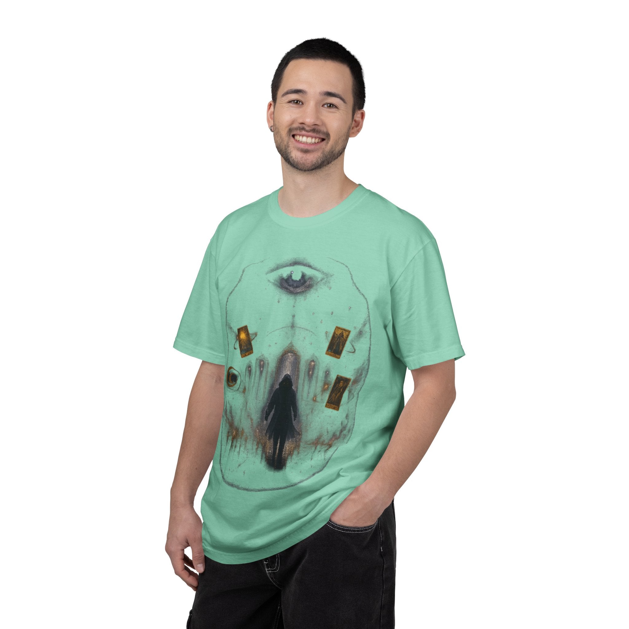 PRB Occult Tarot Skull T-Shirt — Mystic Eye & Shadow Figure Graphic by Power Runs Black