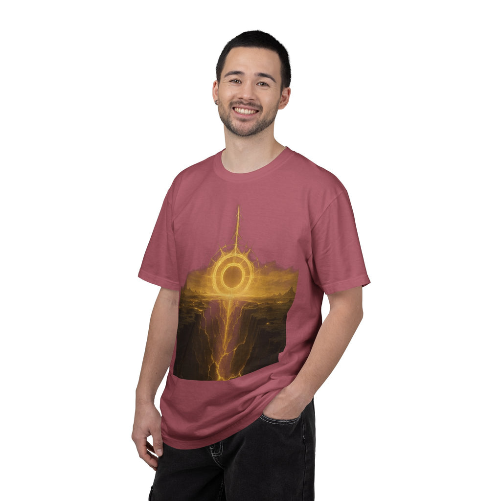 Power Runs Black PRB Golden Eclipse Portal T-shirt | Fantasy Landscape, Mystic Ring, Tower Art by Power Runs Black