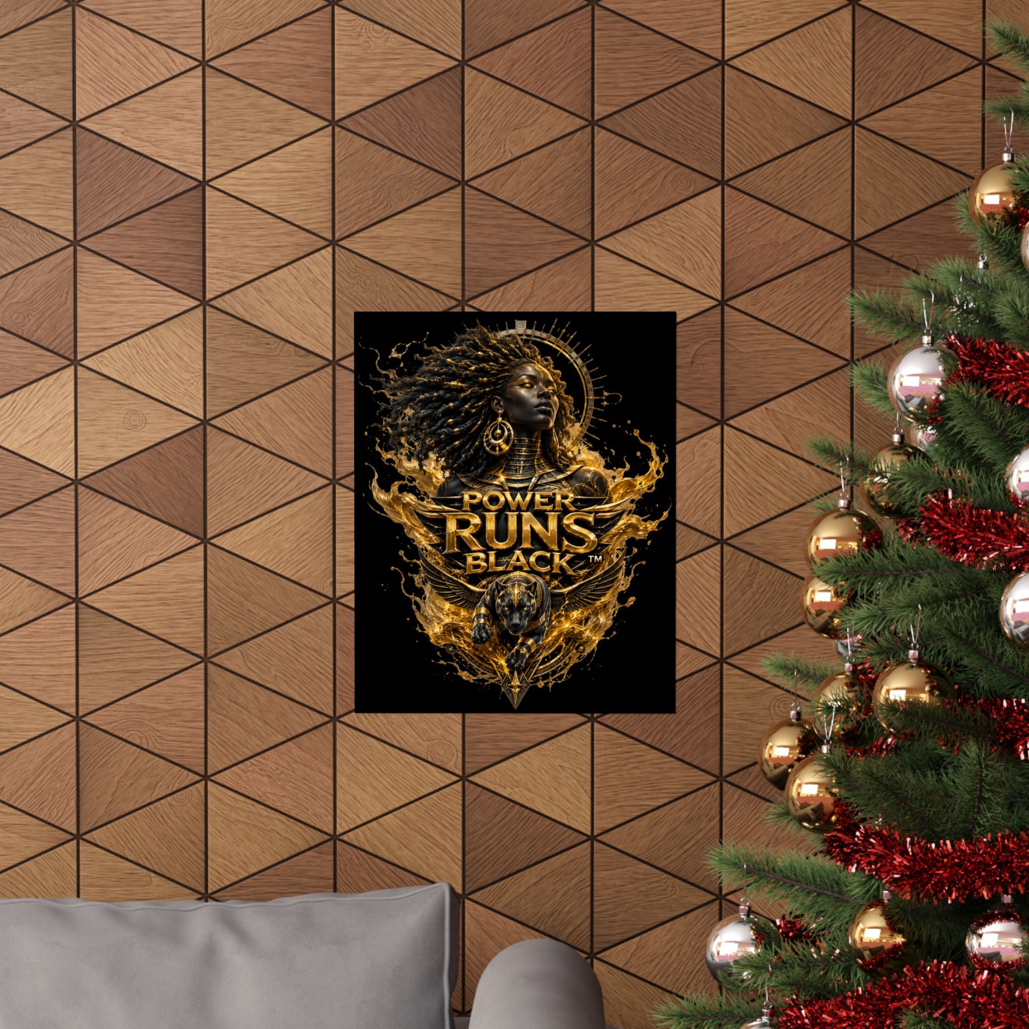 Power Runs Black Matte Poster — Afrocentric Gold Goddess Wall Art by Power Runs Black