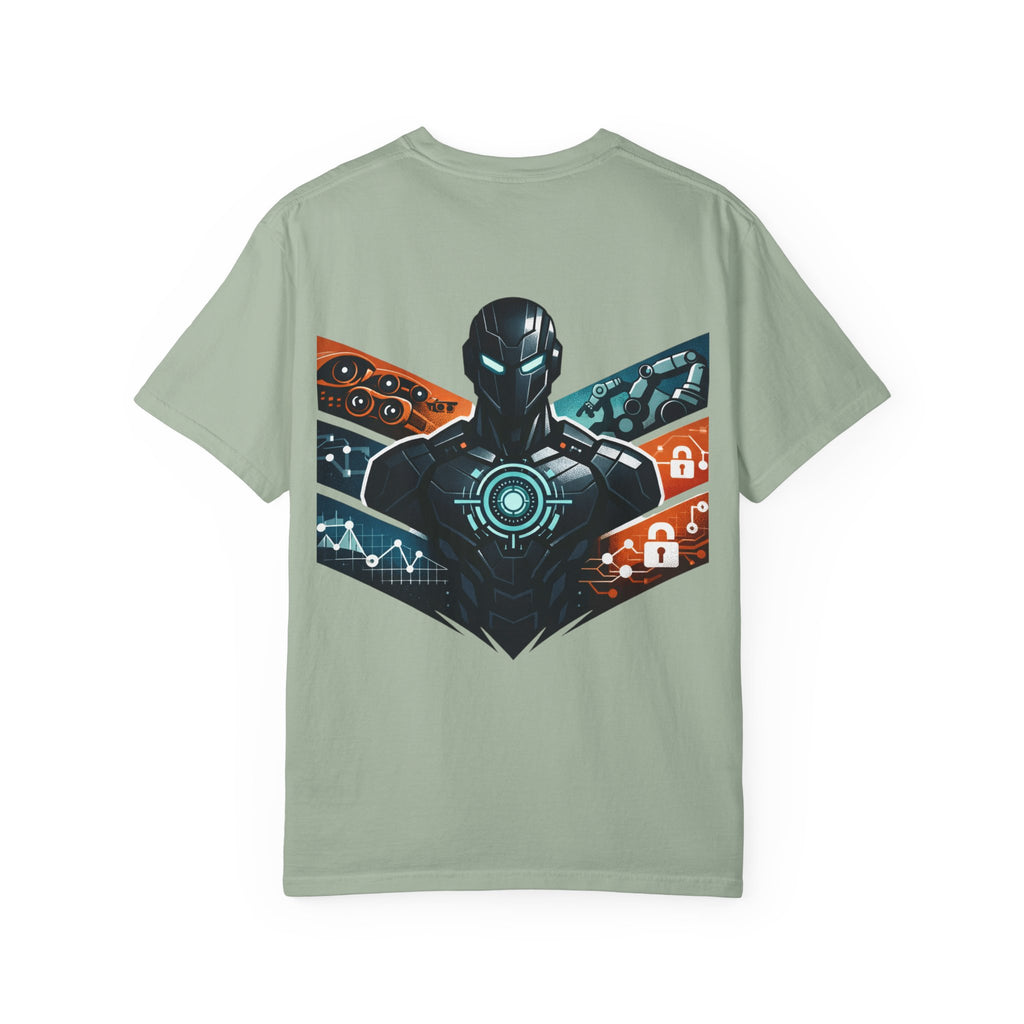 Power Runs Black Cyberframe Unit T-Shirt — Futuristic Tech Armor Graphic Tee by Power Runs Black