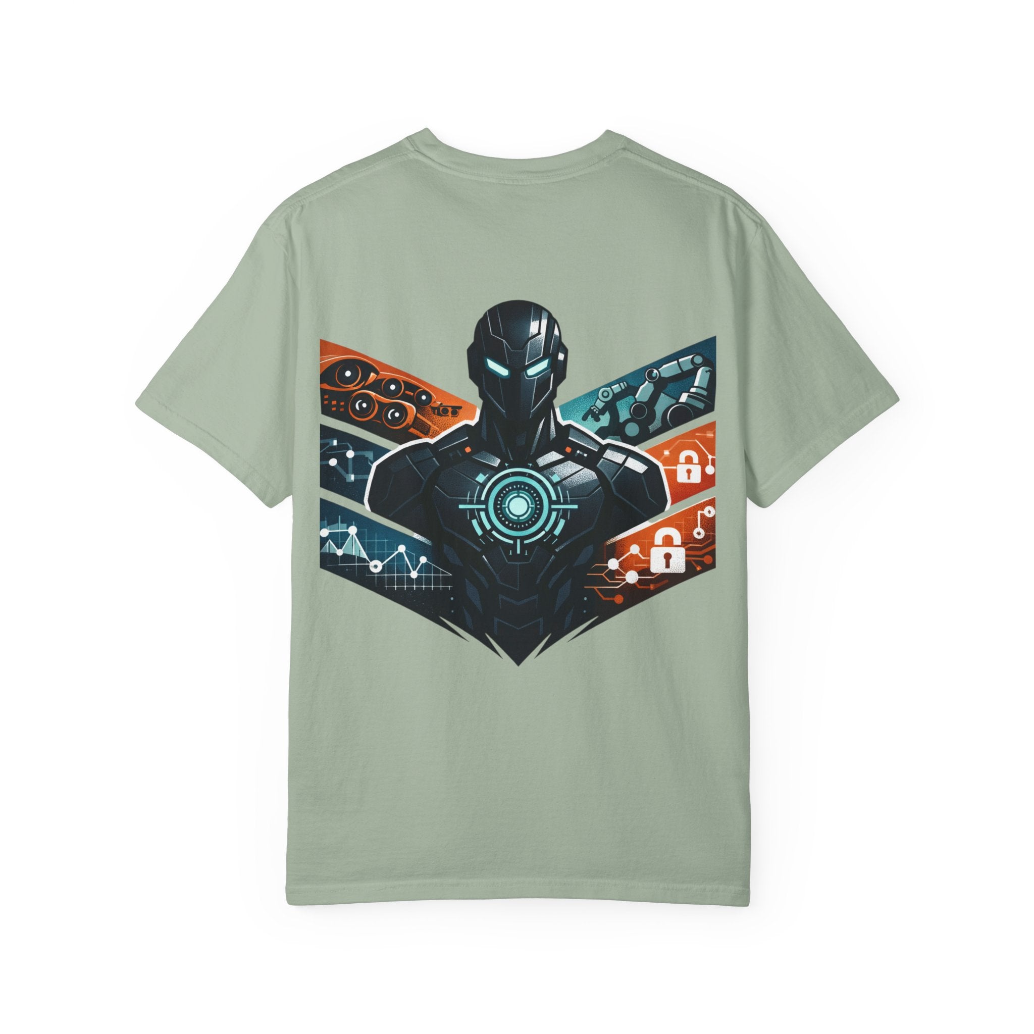 Power Runs Black Cyberframe Unit T-Shirt — Futuristic Tech Armor Graphic Tee by Power Runs Black