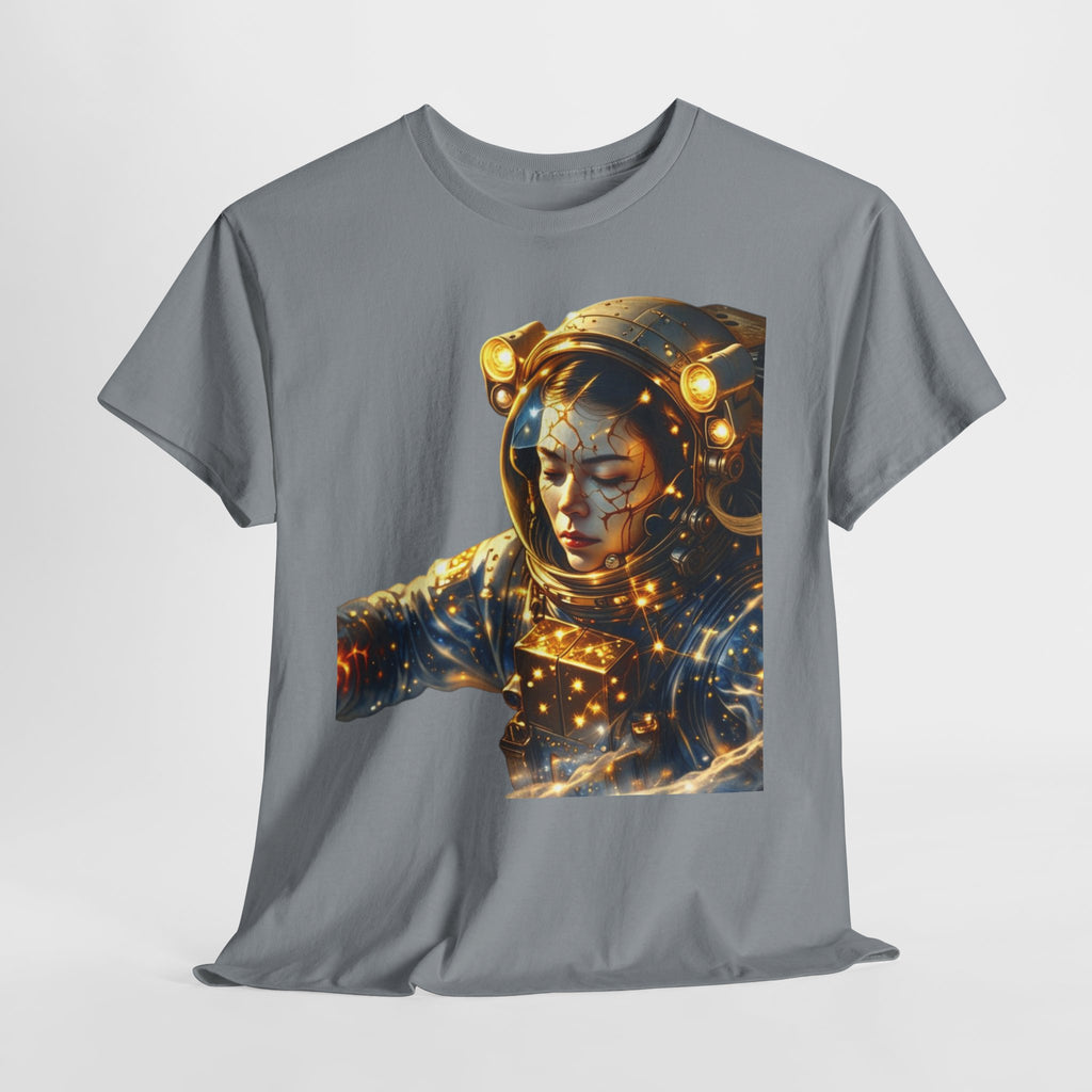 Power Runs Black PRB Golden Astronaut Portrait T-Shirt | Space Helmet Art, Cosmic Lights by Printify