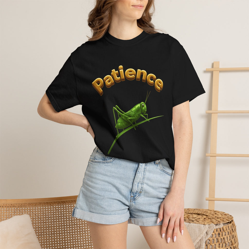 PRB Patience Grasshopper T-shirt | Green Grasshopper Illustration, Positive Quote by Printify