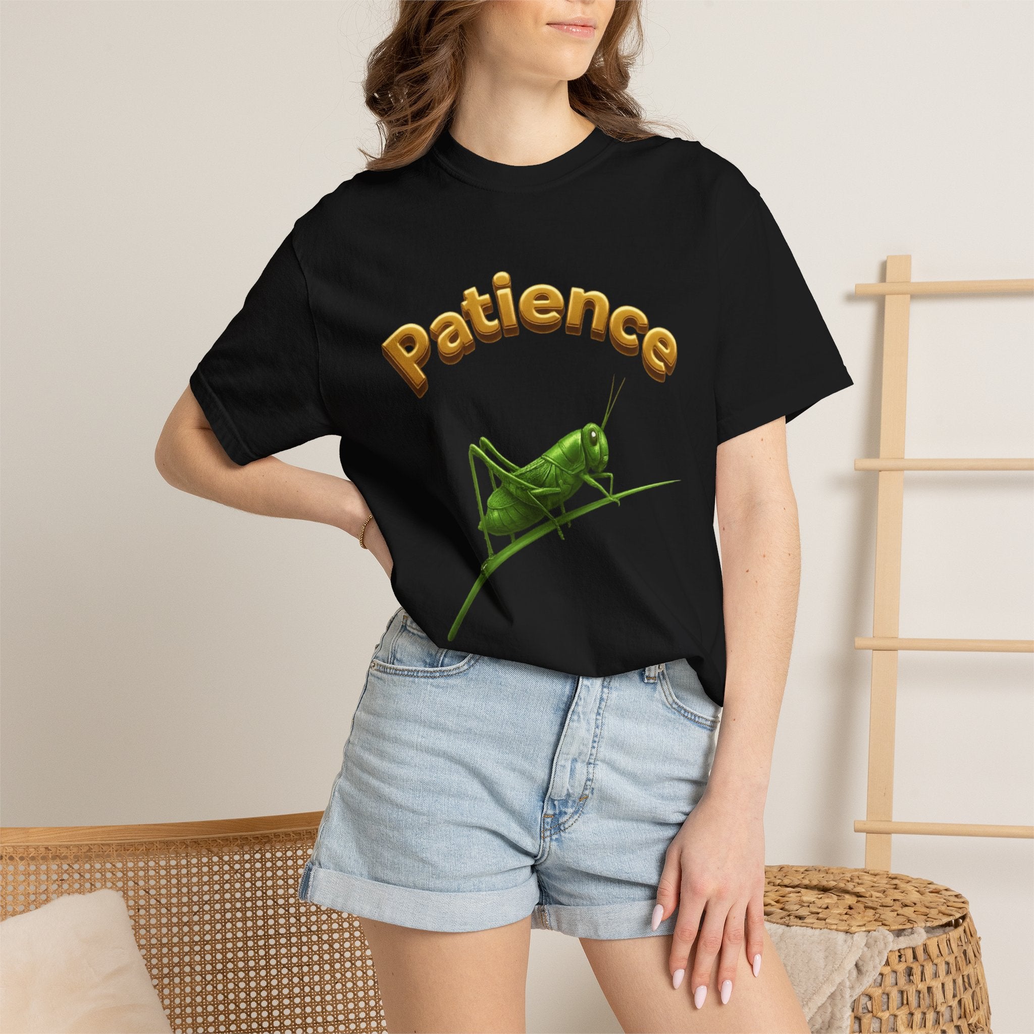 PRB Patience Grasshopper T-shirt | Green Grasshopper Illustration, Positive Quote by Printify