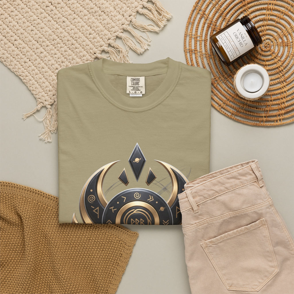 Power Runs Black Mystic Compass Disc T-Shirt — Geometric Gold & Black Emblem Tee by Printify