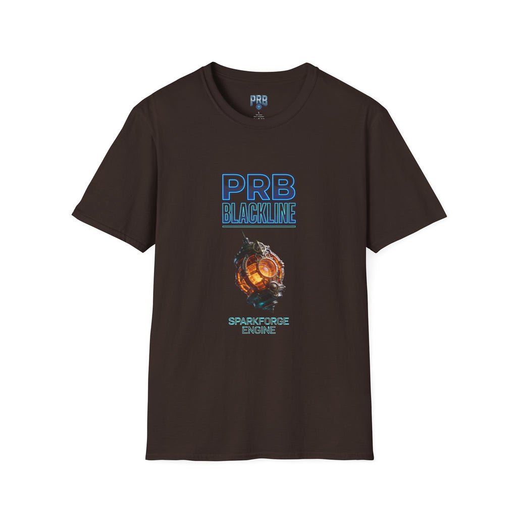 PRB Blackline Sparkforge Engine T‑Shirt — Sci‑Fi Mechanical Graphic Tee by Power Runs Black