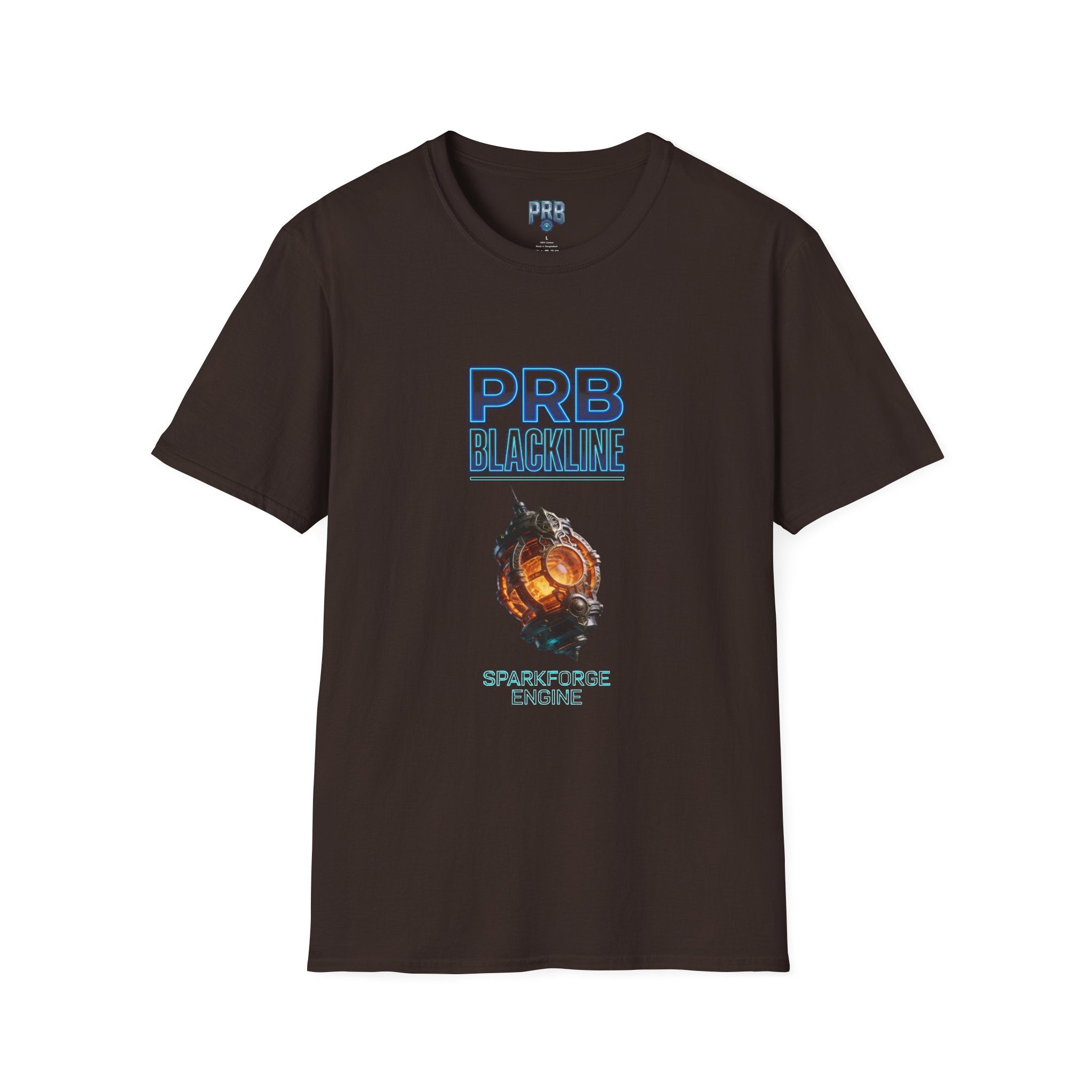 PRB Blackline Sparkforge Engine T‑Shirt — Sci‑Fi Mechanical Graphic Tee by Power Runs Black