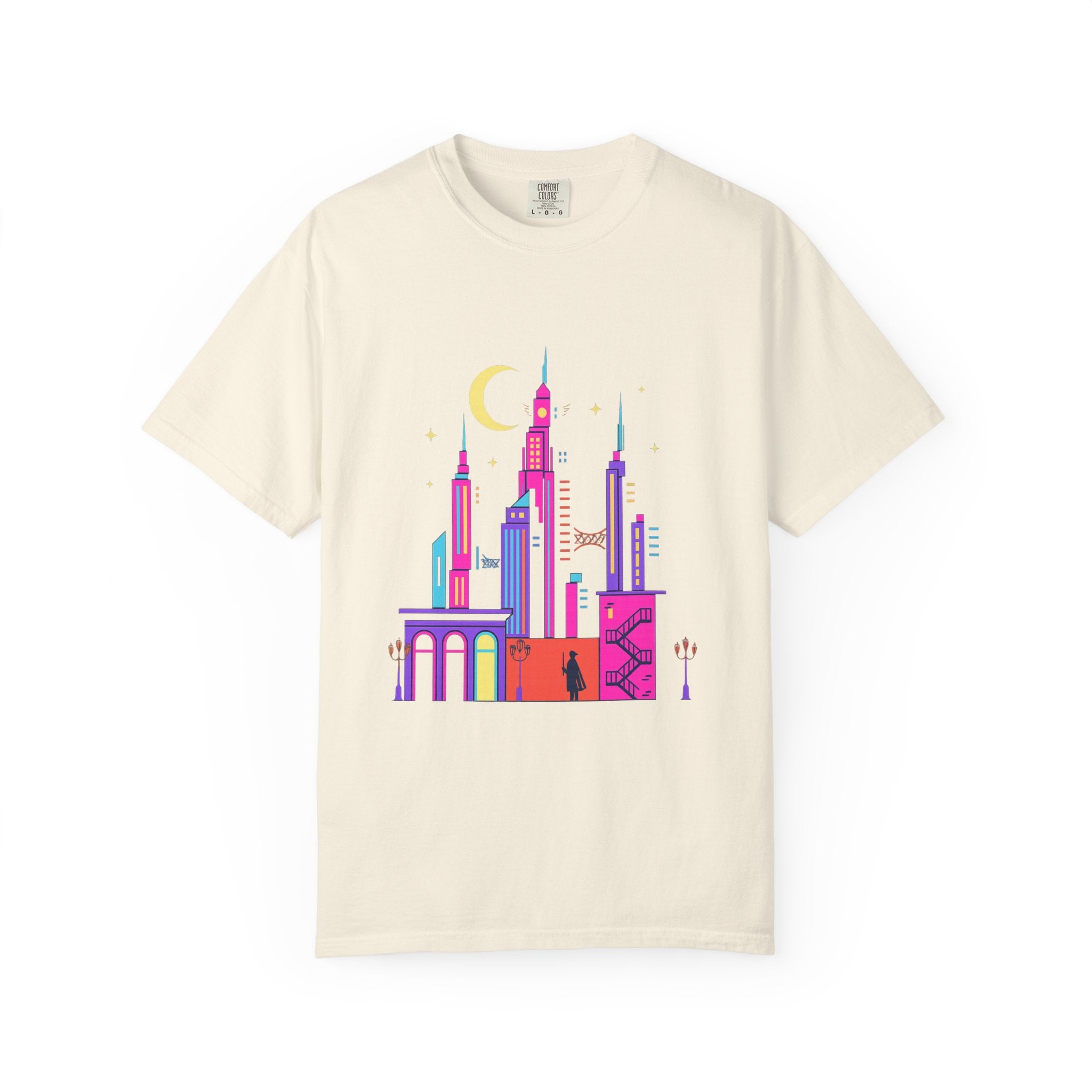 Power Runs Black PRB Neon City Skyline T-shirt | Vibrant Urban Nightscape Tee by Printify