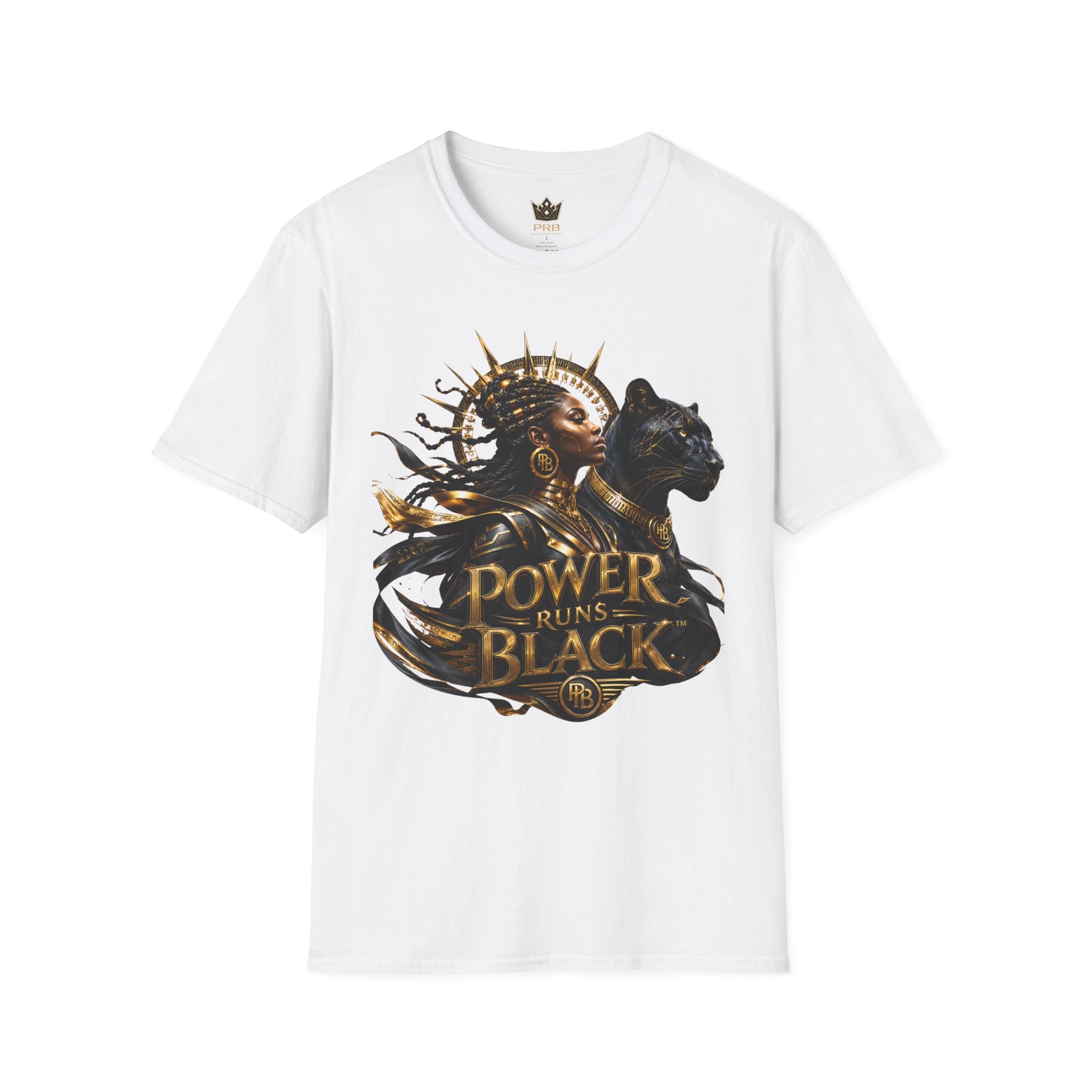 Power Runs Black PRB | Black Woman Portrait, Gold Accents Panther Graphics T by Power Runs Black