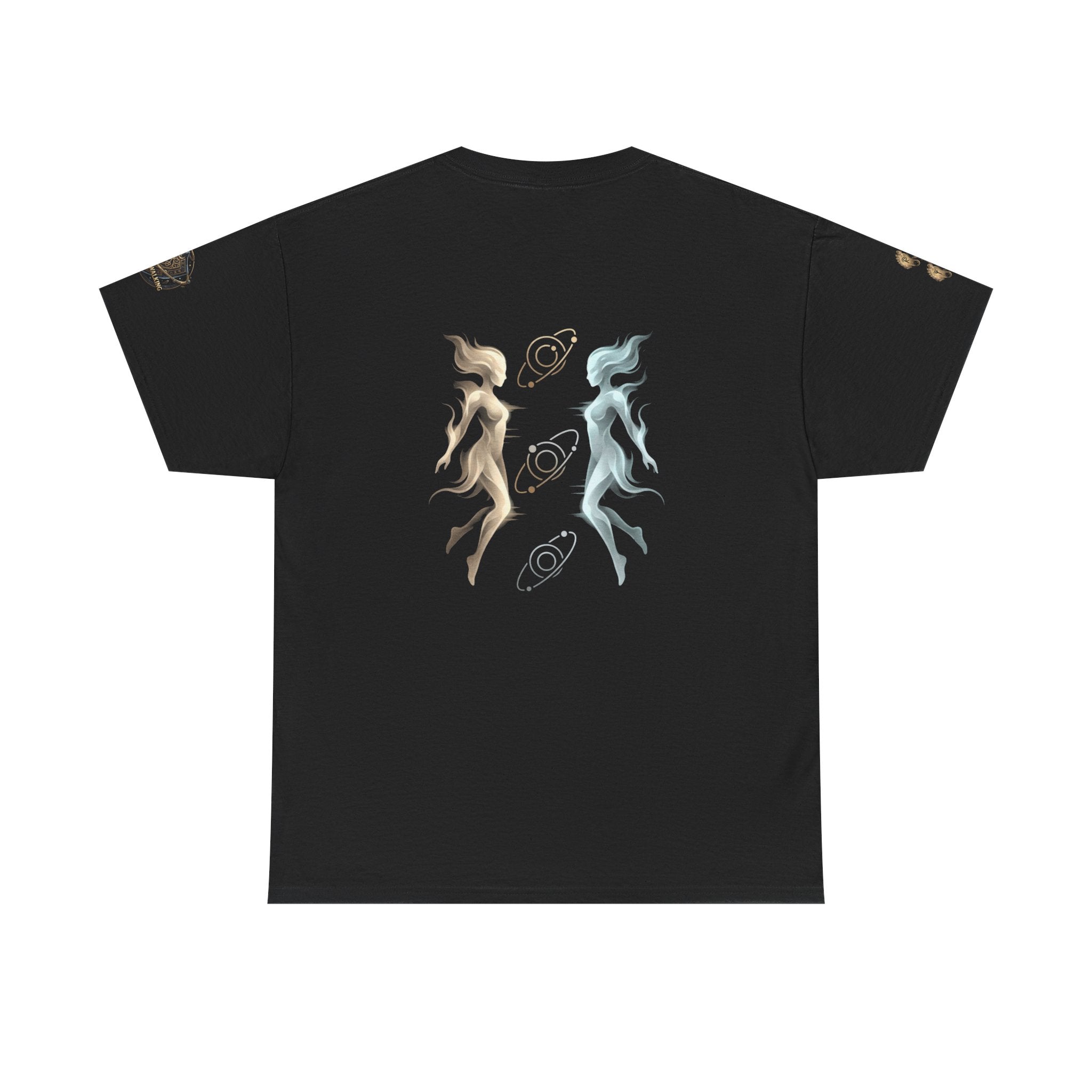 Power Runs Black Gemini Spirit Tee — Twin Sun & Moon Celestial Graphic T-Shirt by Printify