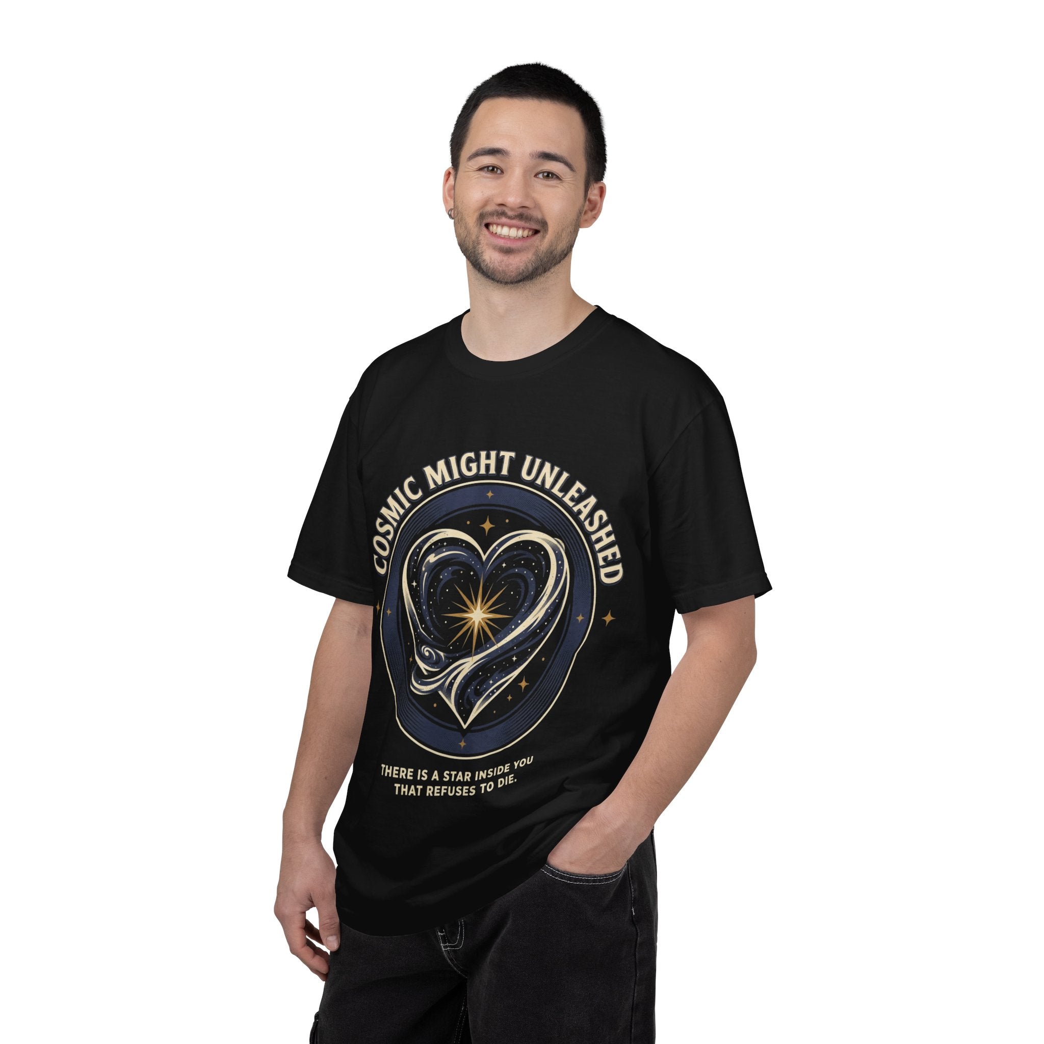 PRB Starforged Flex Cosmic Might Unleashed Heart Graphic T-Shirt — "Cosmic Might Unleashed" Astral Design by Power Runs Black