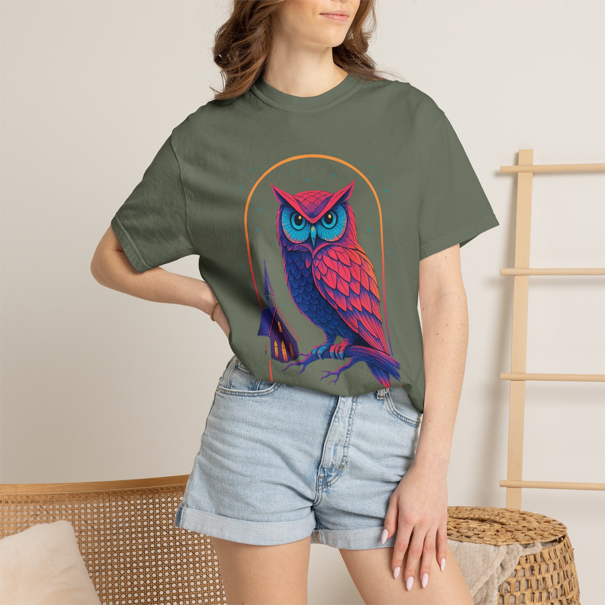 Neon Owl Illustration T-Shirt | Night Church Graphic Tee by Printify