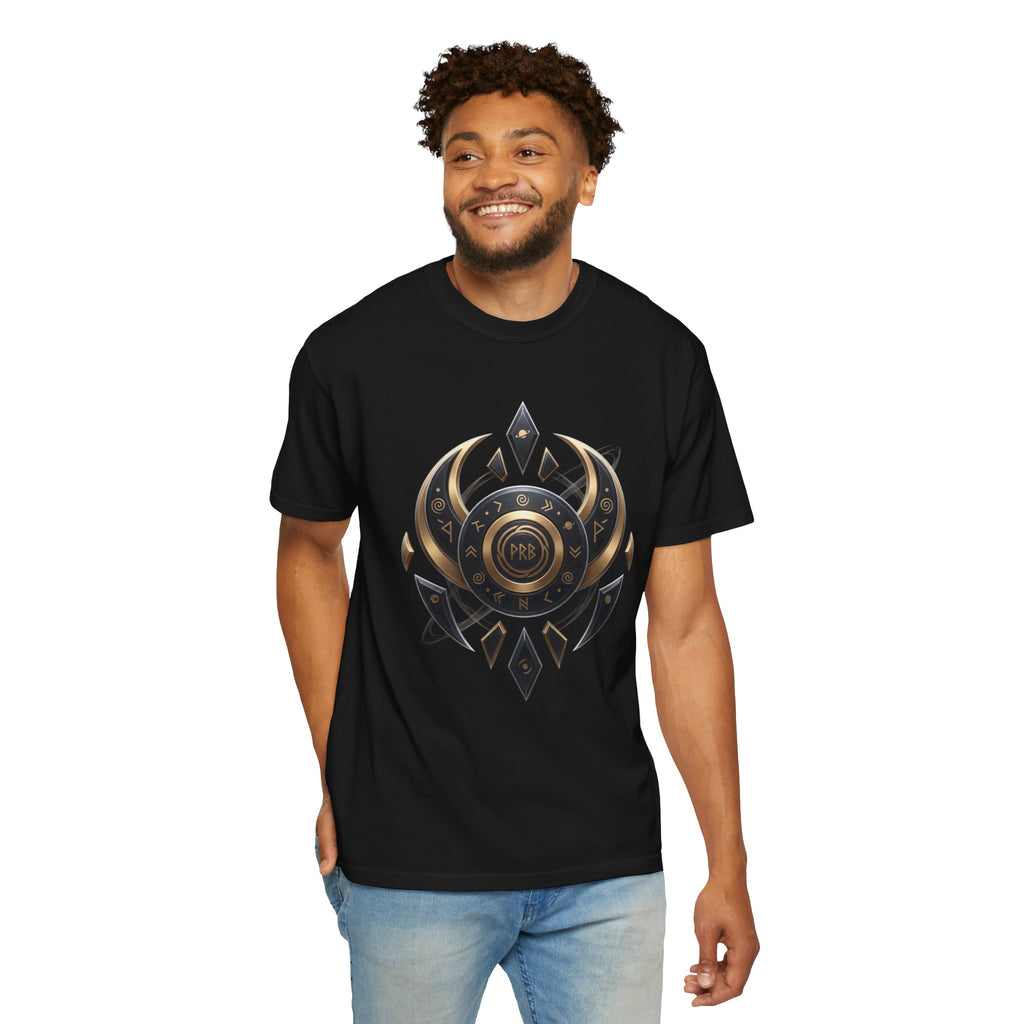 Power Runs Black Mystic Compass Disc T-Shirt — Geometric Gold & Black Emblem Tee by Printify