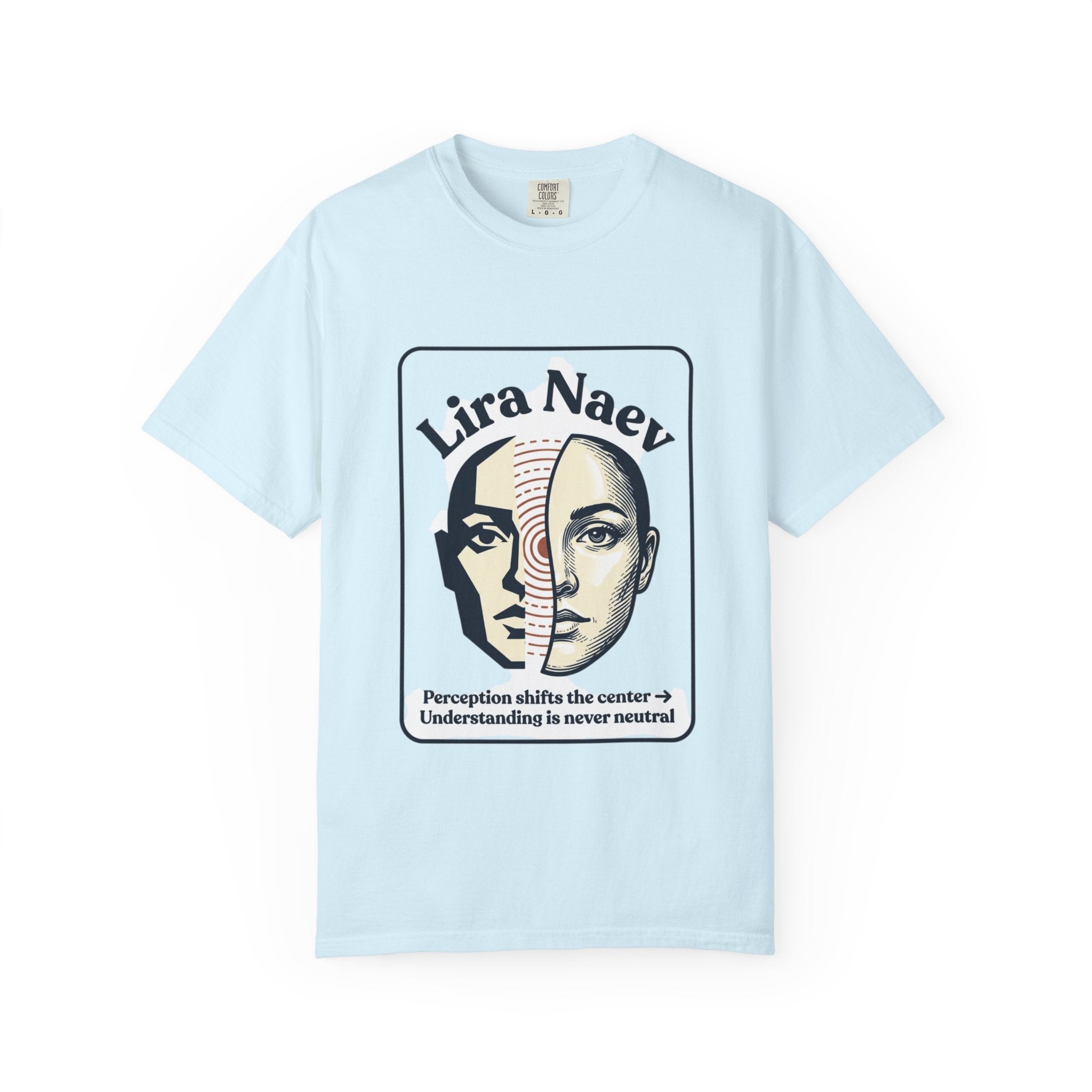 Power Runs Black PRB Lira Naev Split-Face Graphic T-Shirt — “Perception shifts the center” Statement Tee by Printify