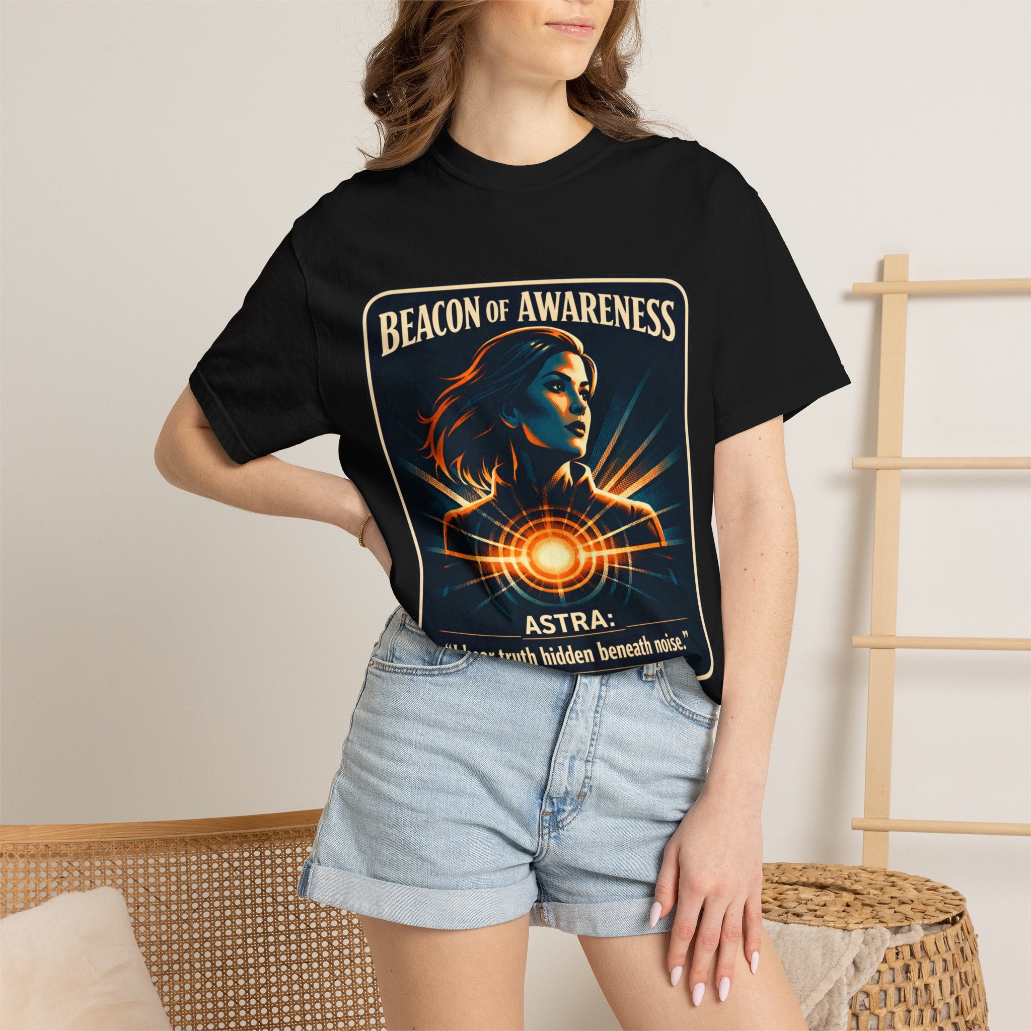 Power Runs Black Beacon of Awareness T-Shirt — “Astra: I hear truth hidden beneath noise” Cosmic Graphic Tee by Power Runs Black