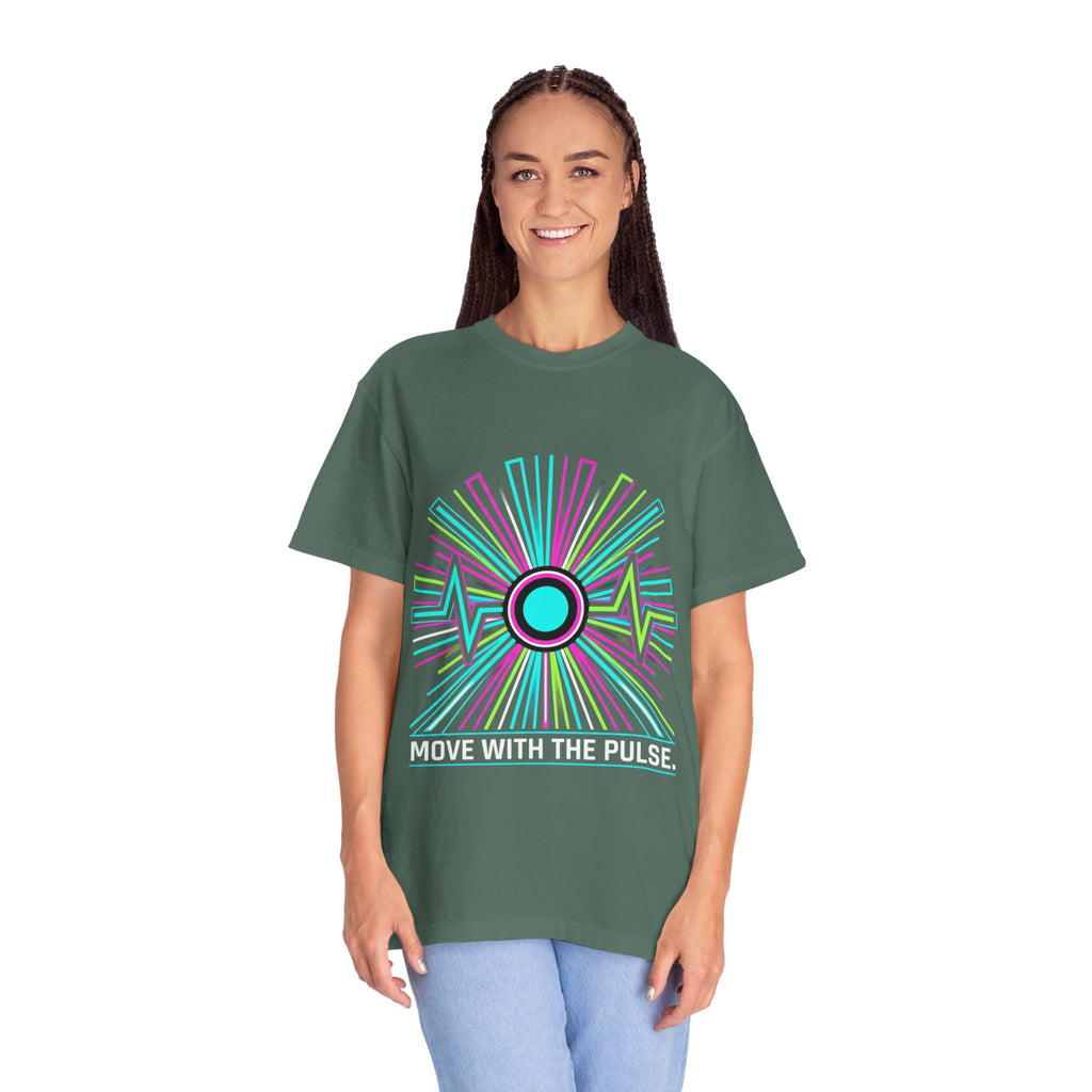 Power Runs Black PRB Electric "Move With Pulse" Graphic T-Shirt — Neon Sunburst Design by Power Runs Black