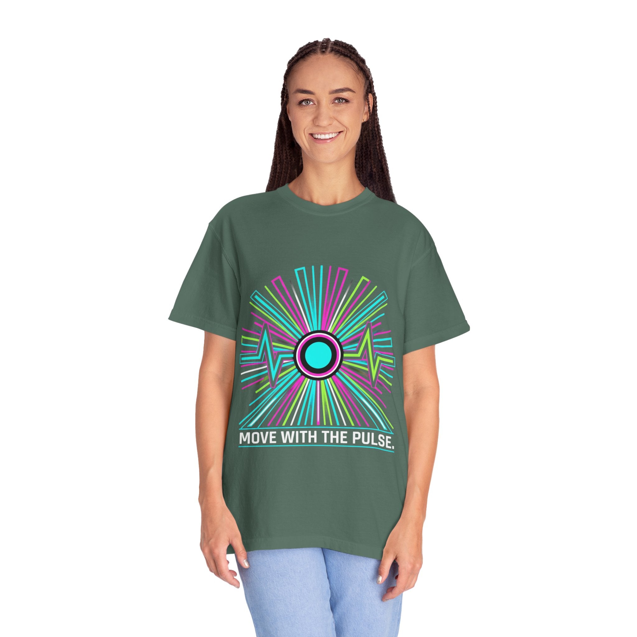 Power Runs Black PRB Electric "Move With Pulse" Graphic T-Shirt — Neon Sunburst Design by Power Runs Black